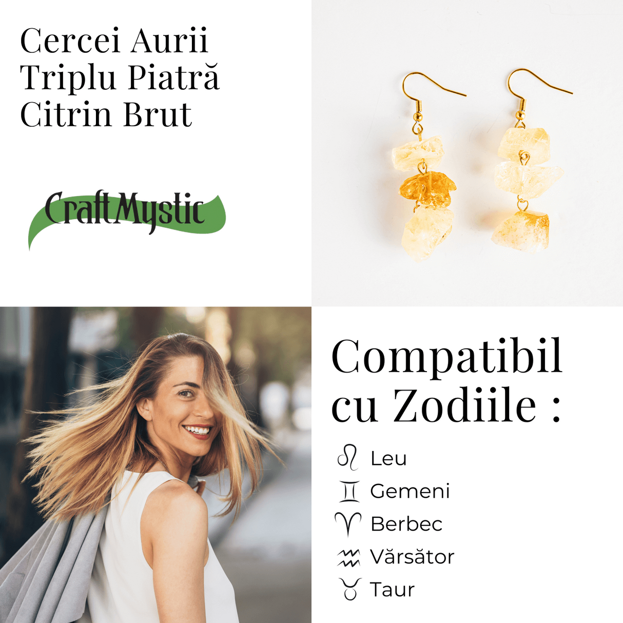 Cercei Aurii cu Triplu Piatra de Citrin Brut – Putere si Energie Pozitiva