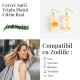 Cercei Aurii cu Triplu Piatra de Citrin Brut – Putere si Energie Pozitiva