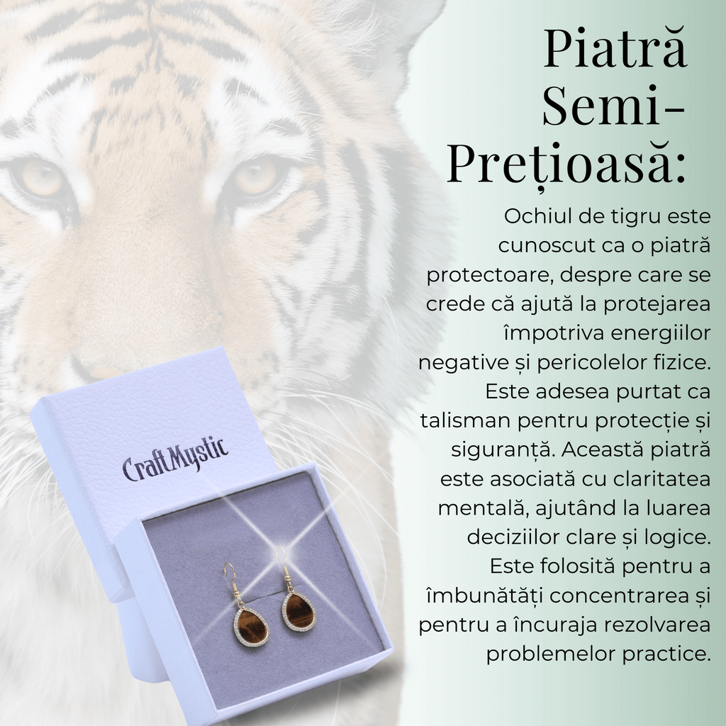 Cercei aurii ochi de tigru oval, pentru protectie si curaj