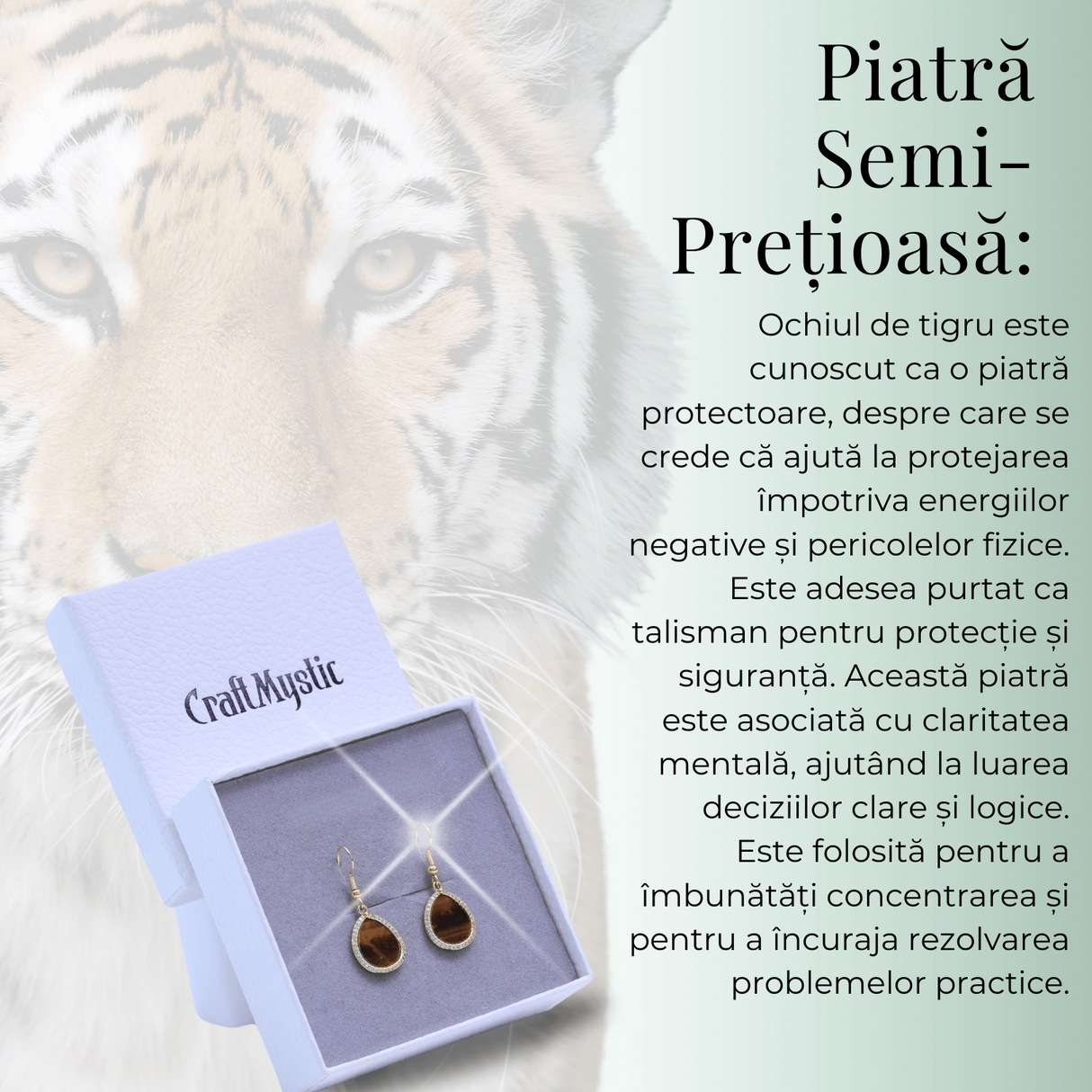 Cercei aurii ochi de tigru oval, pentru protectie si curaj