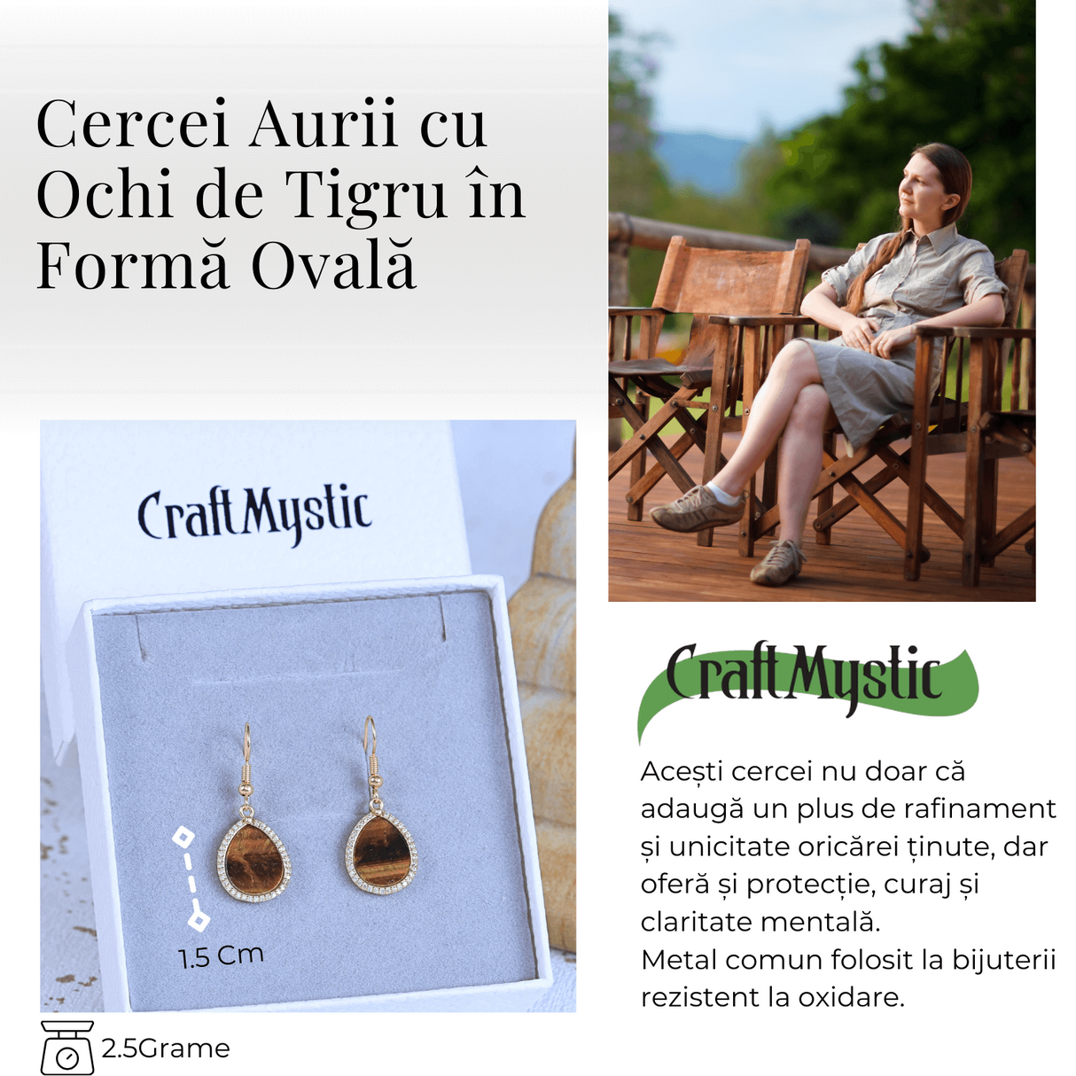 Cercei aurii ochi de tigru oval, pentru protectie si curaj