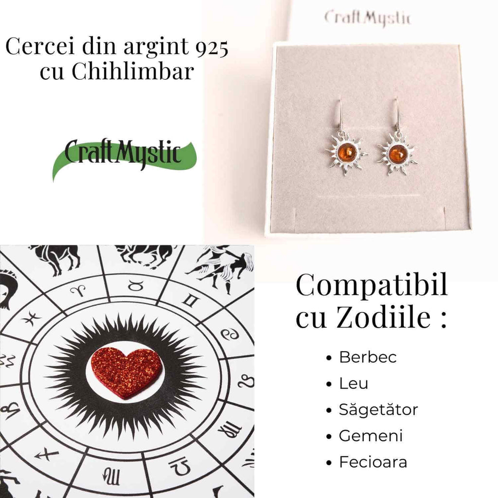 Cercei Argint 925 cu Chihlimbar Forma de Soare