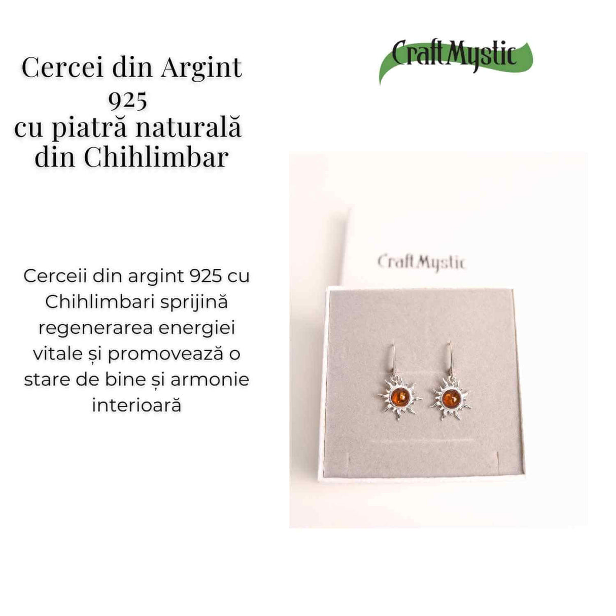 Cercei Argint 925 cu Chihlimbar Forma de Soare - Stralucire si Vitalitate
