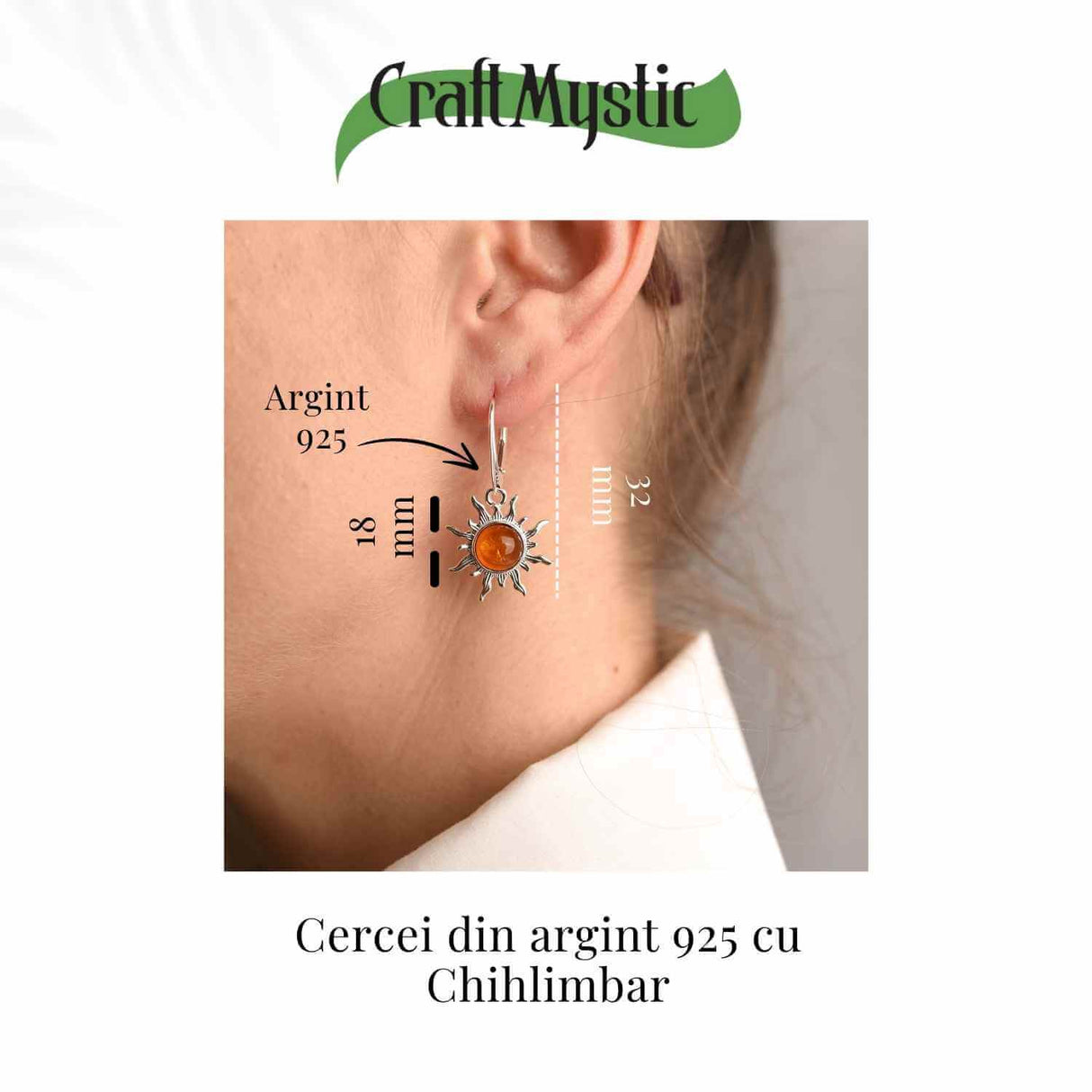 Cercei Argint 925 cu Chihlimbar Forma de Soare - Stralucire si Vitalitate