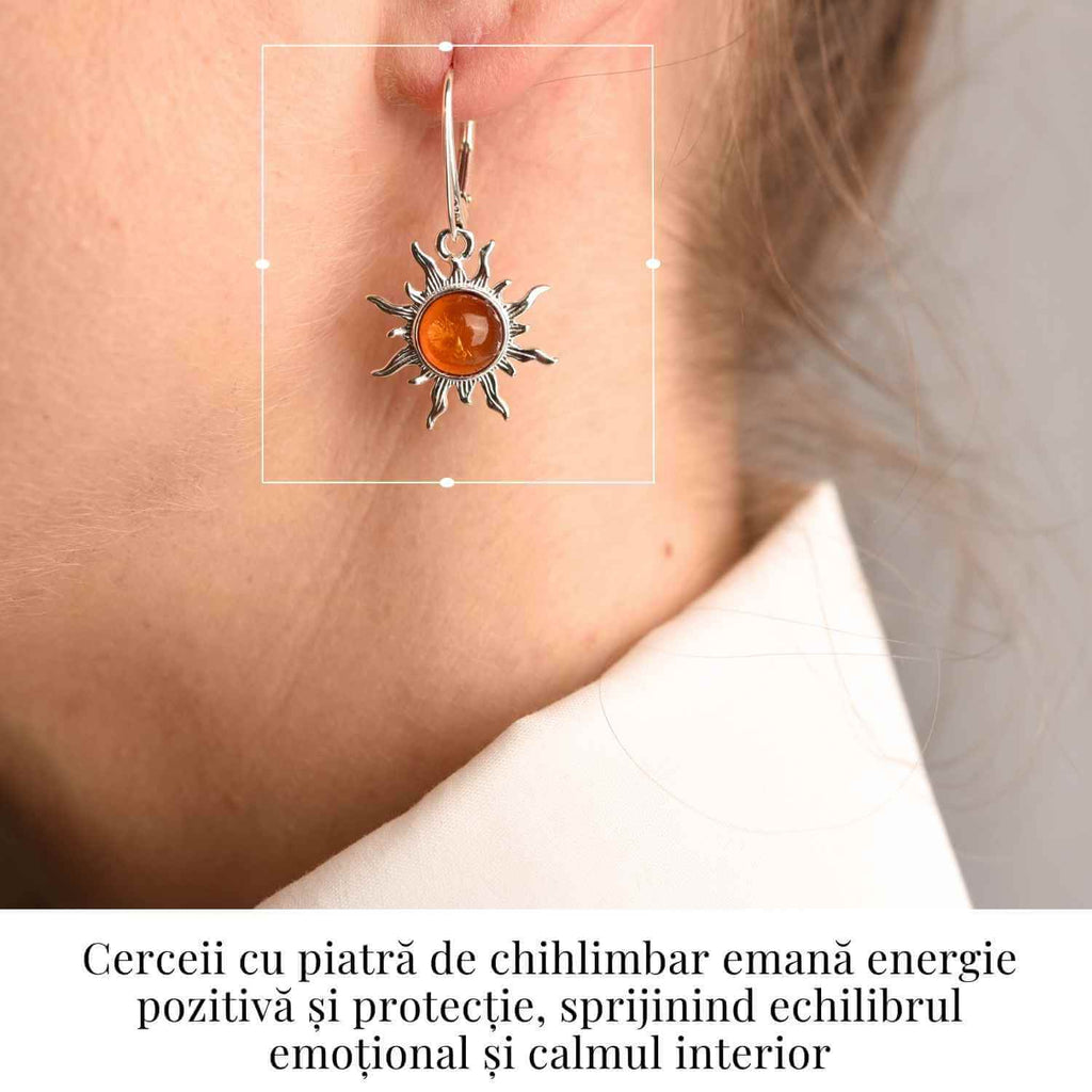 Cercei Argint 925 cu Chihlimbar Forma de Soare