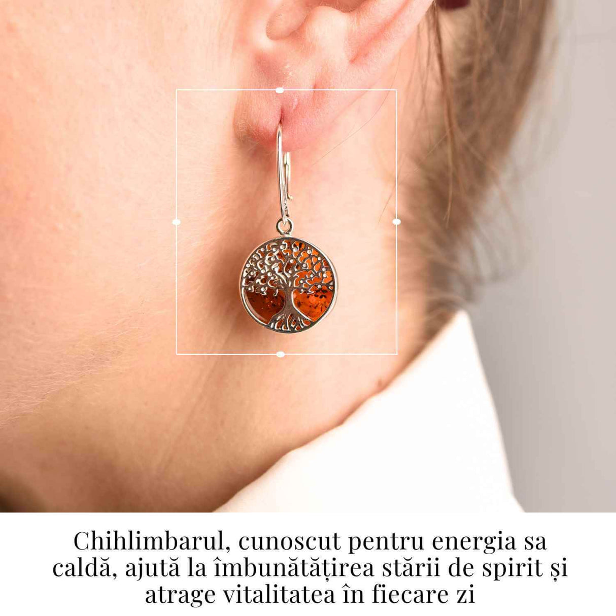 Cercei Argint 925 cu Chihlimbar si Arborele Vietii - Protectie si Armonie