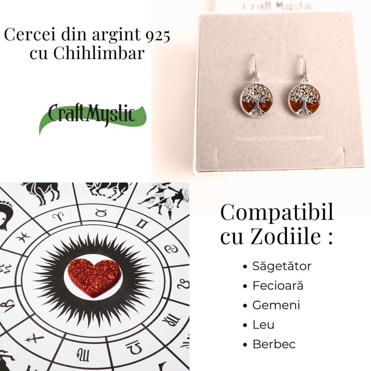 Cercei Argint 925 cu Chihlimbar si Arborele Vietii - Protectie si Armonie