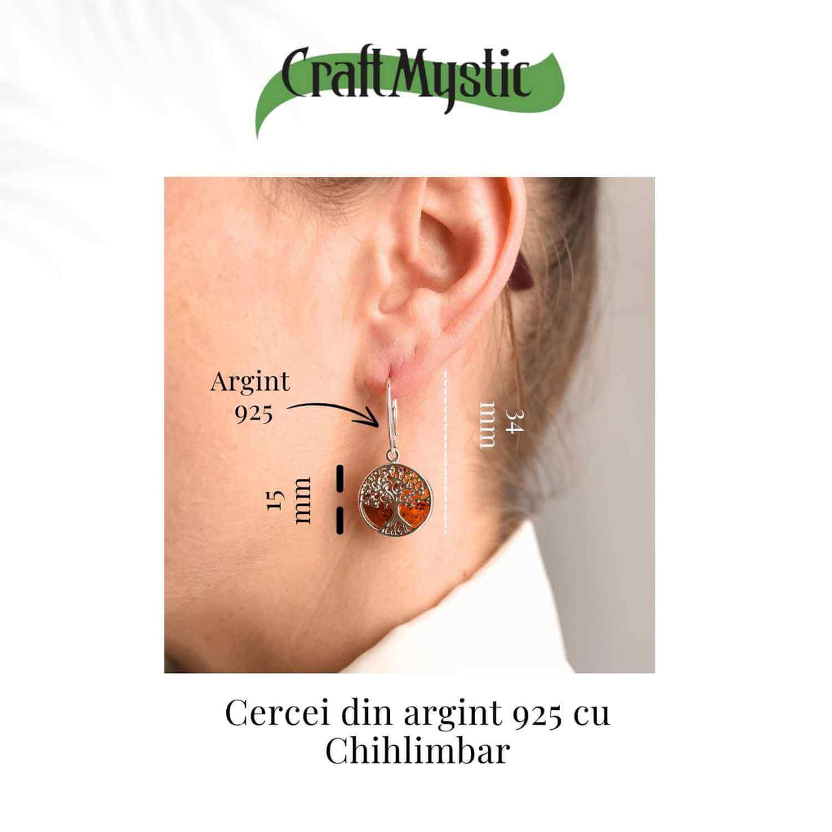 Cercei Argint 925 cu Chihlimbar si Arborele Vietii - Protectie si Armonie