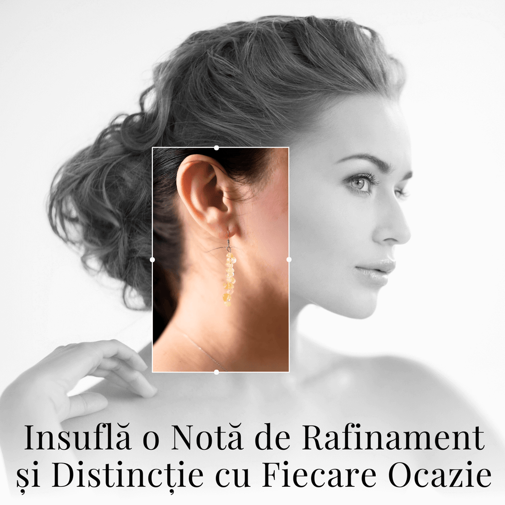 Cercei Lungi cu Pietre Semipretioase de Citrin Natural si Elemente din Alama, Bijuterii Aurii pentru Femei