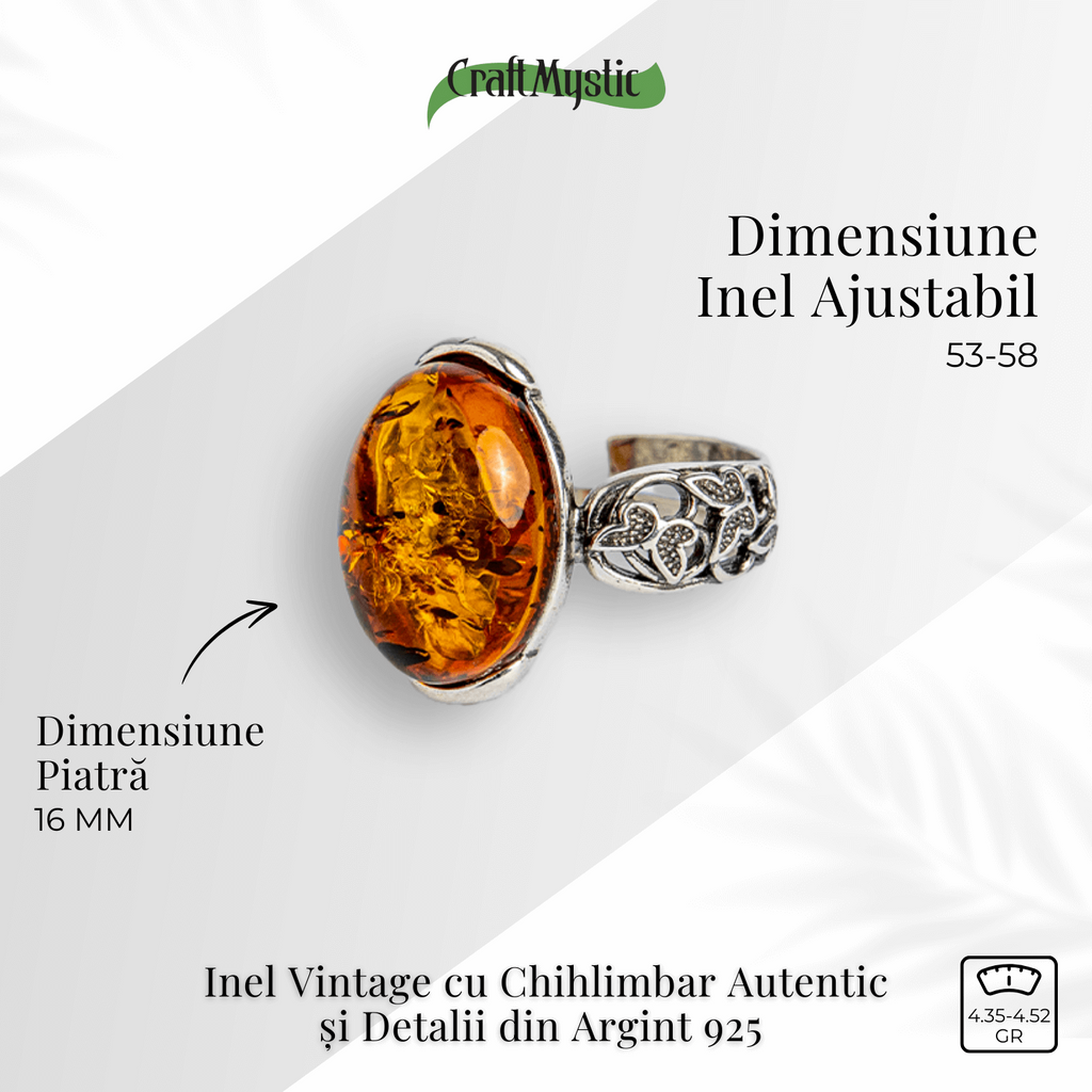 Talismanul linistii – Inel vintage cu chihlimbar si detalii din argint 925
