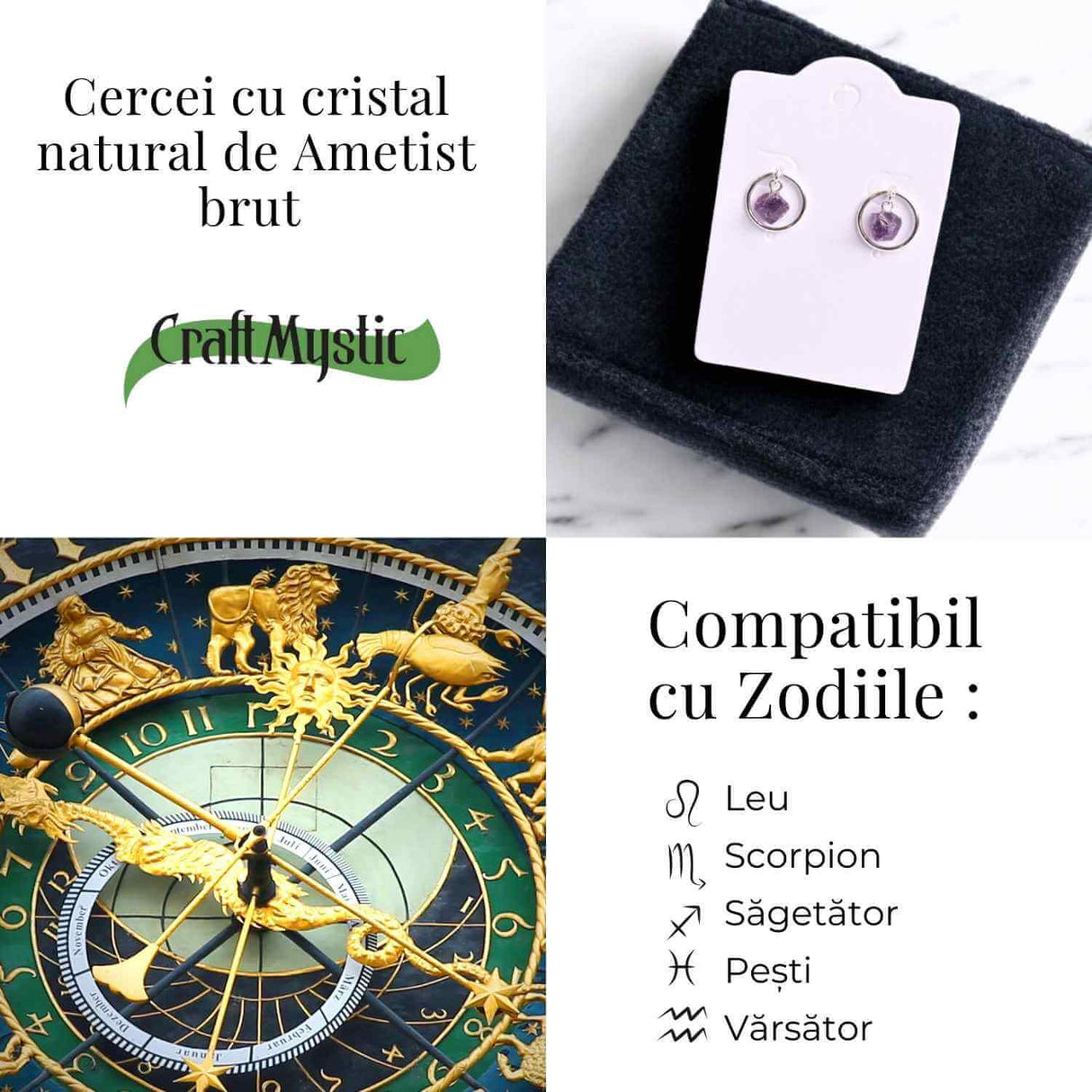 Cercei model sferic cu Ametist Brut – Calm si Claritate Spirituala