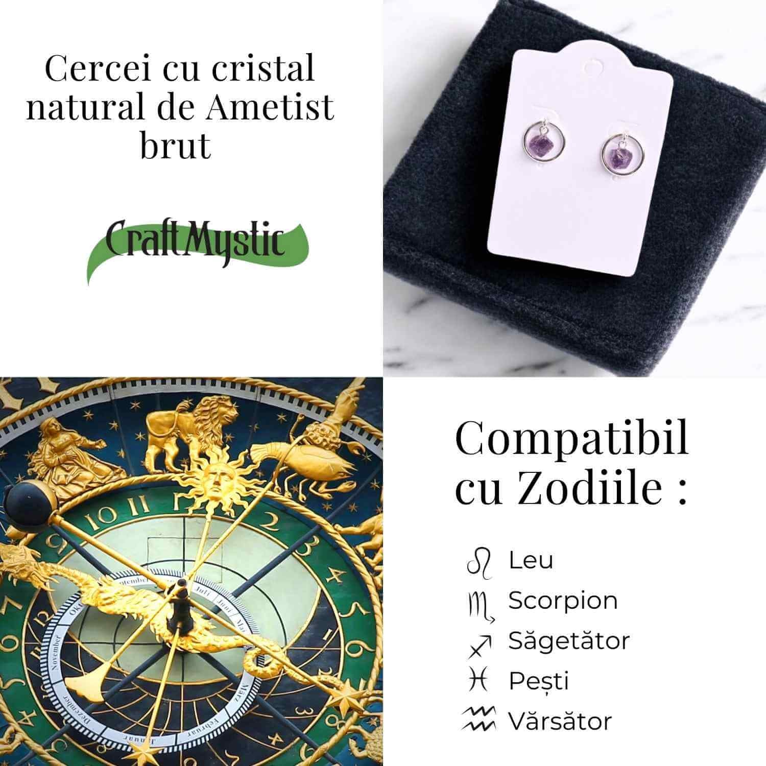 Cercei model sferic cu Ametist Brut – Calm si Claritate Spirituala