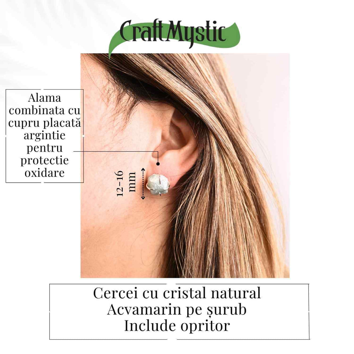 Cercei cu Acvamarin Brut Inchidere Tija cu opritor – Calm si Echilibru pentru Zilnic