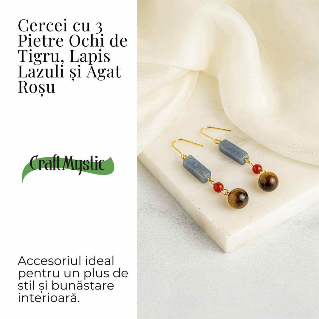 Cercei cu Lapis Lazuli, Agat Rosu si Ochi de Tigru