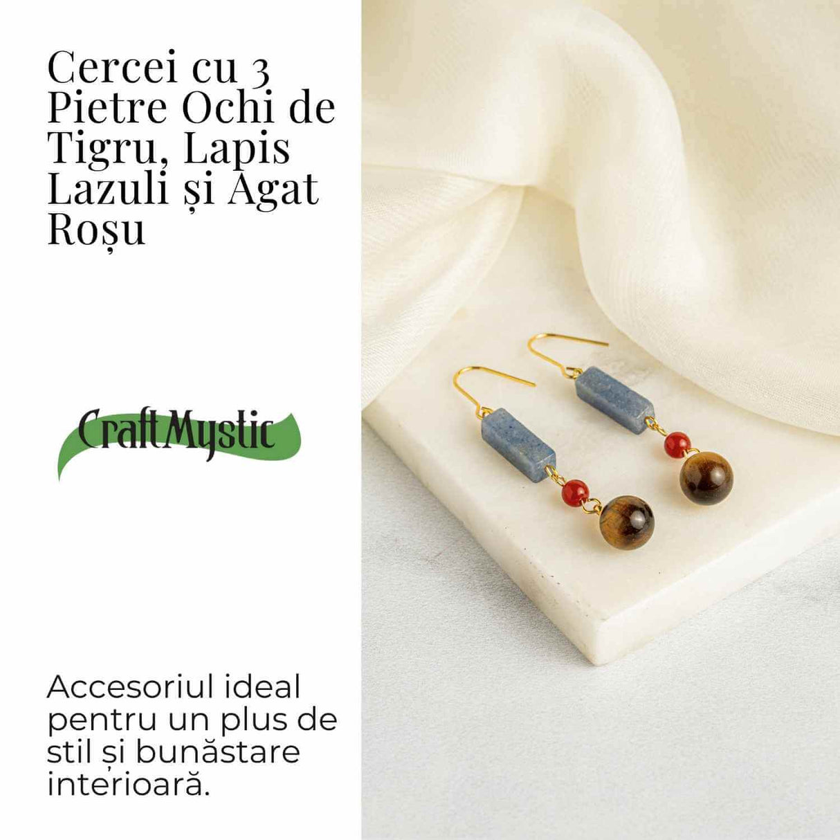 Cercei cu Lapis Lazuli, Agat Rosu si Ochi de Tigru - Energie si Protectie
