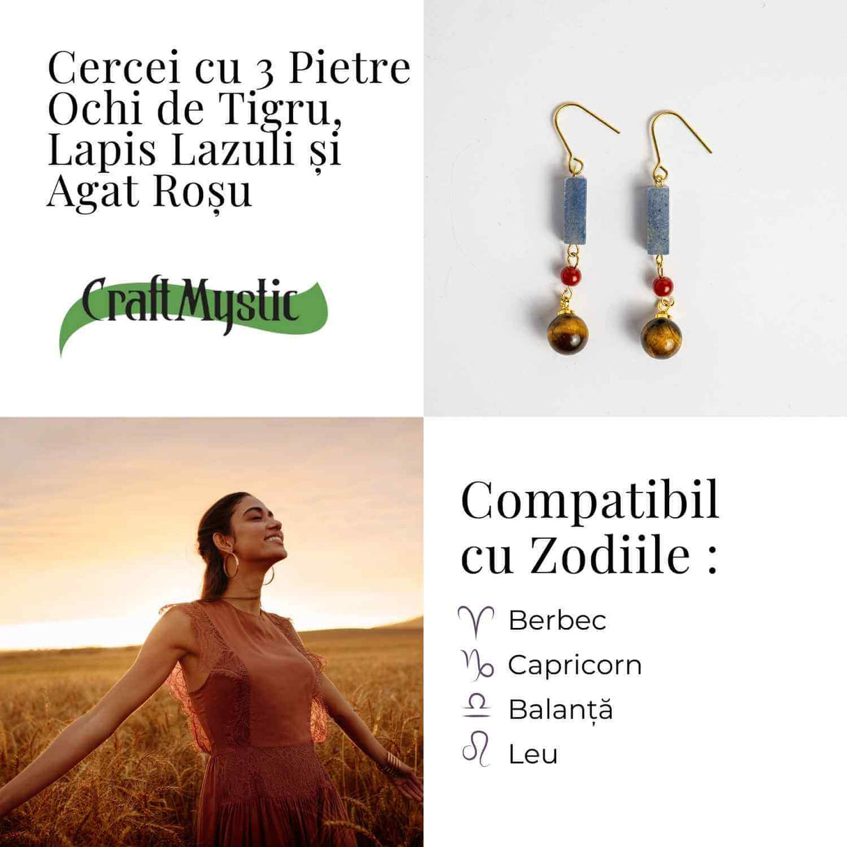 Cercei cu Lapis Lazuli, Agat Rosu si Ochi de Tigru - Energie si Protectie