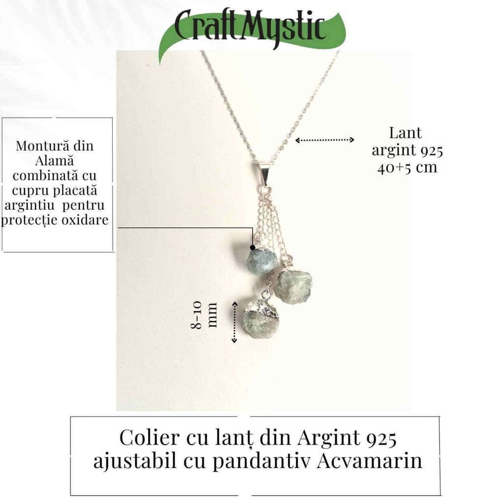 Colier cu lant argint 925 si pandantiv argintiu cu 3 pietre de Acvamarin – Calm si Eleganta