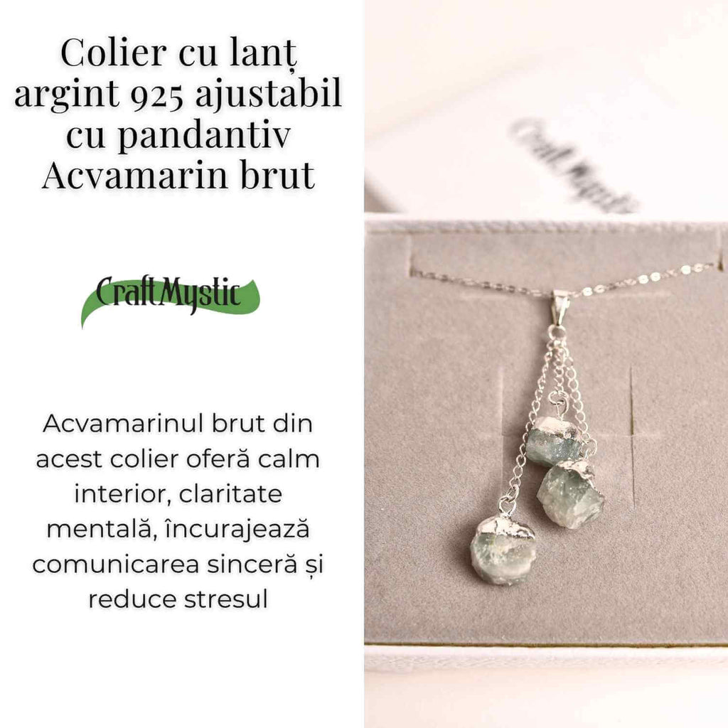 Colier cu lant argint 925 si pandantiv argintiu cu 3 pietre de Acvamarin – Calm si Eleganta