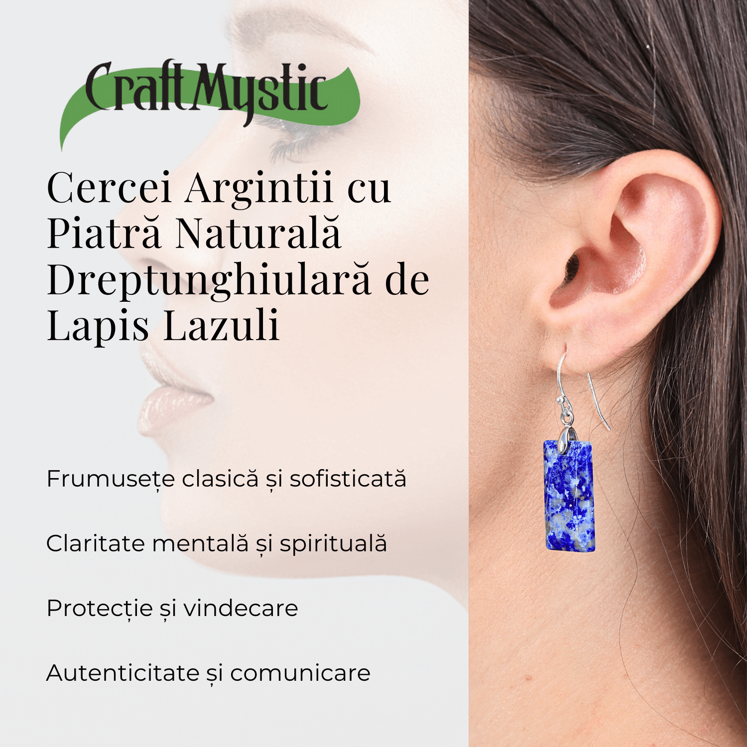 Cercei cu Pietre Semipretioase Lapis Lazuli dreptunghiular,i tortita argintie, pentru claritate si echilibru