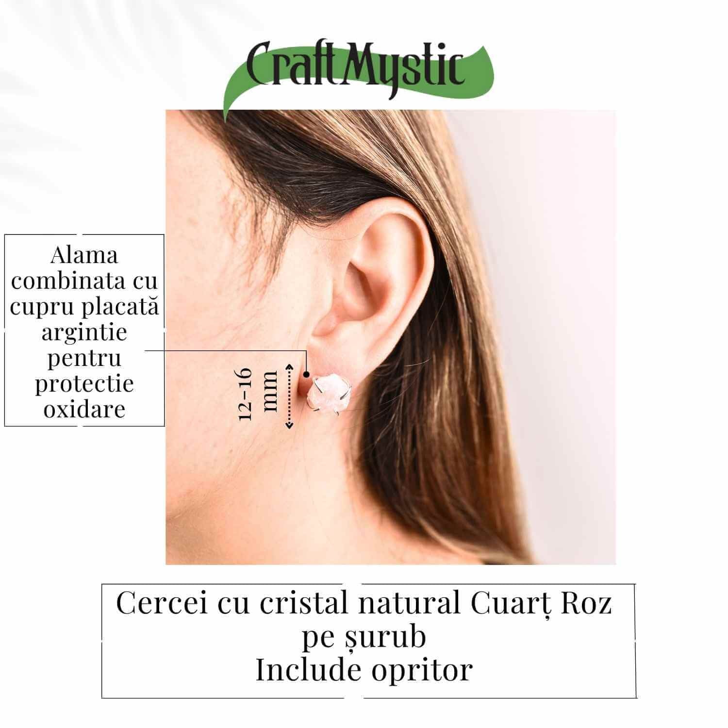 Cercei cu Cuart Roz Brut Inchidere Tija cu opritor– Iubire si Vindecare Emotionala