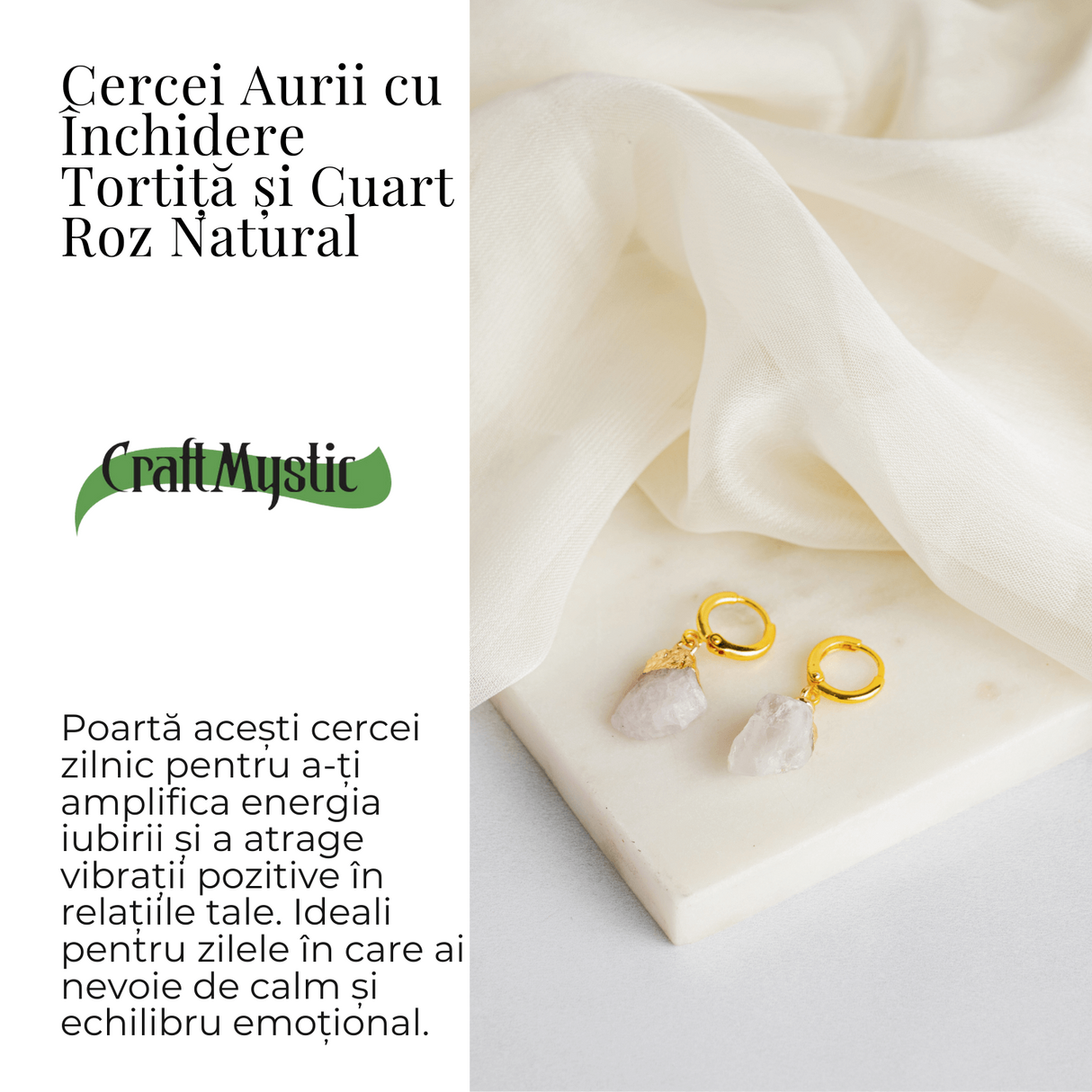 Cercei Aurii cu Cuart Roz Brut Natural – Iubire si Echilibru