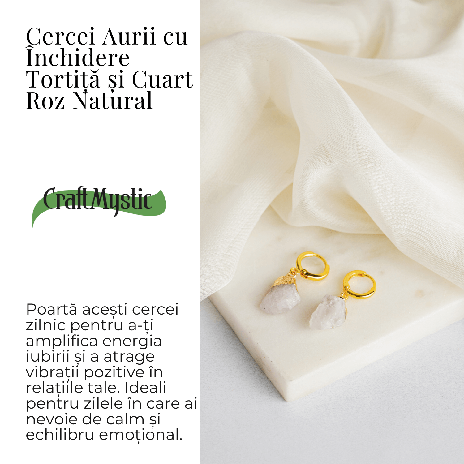 Cercei Aurii cu Cuart Roz Brut Natural – Iubire si Echilibru