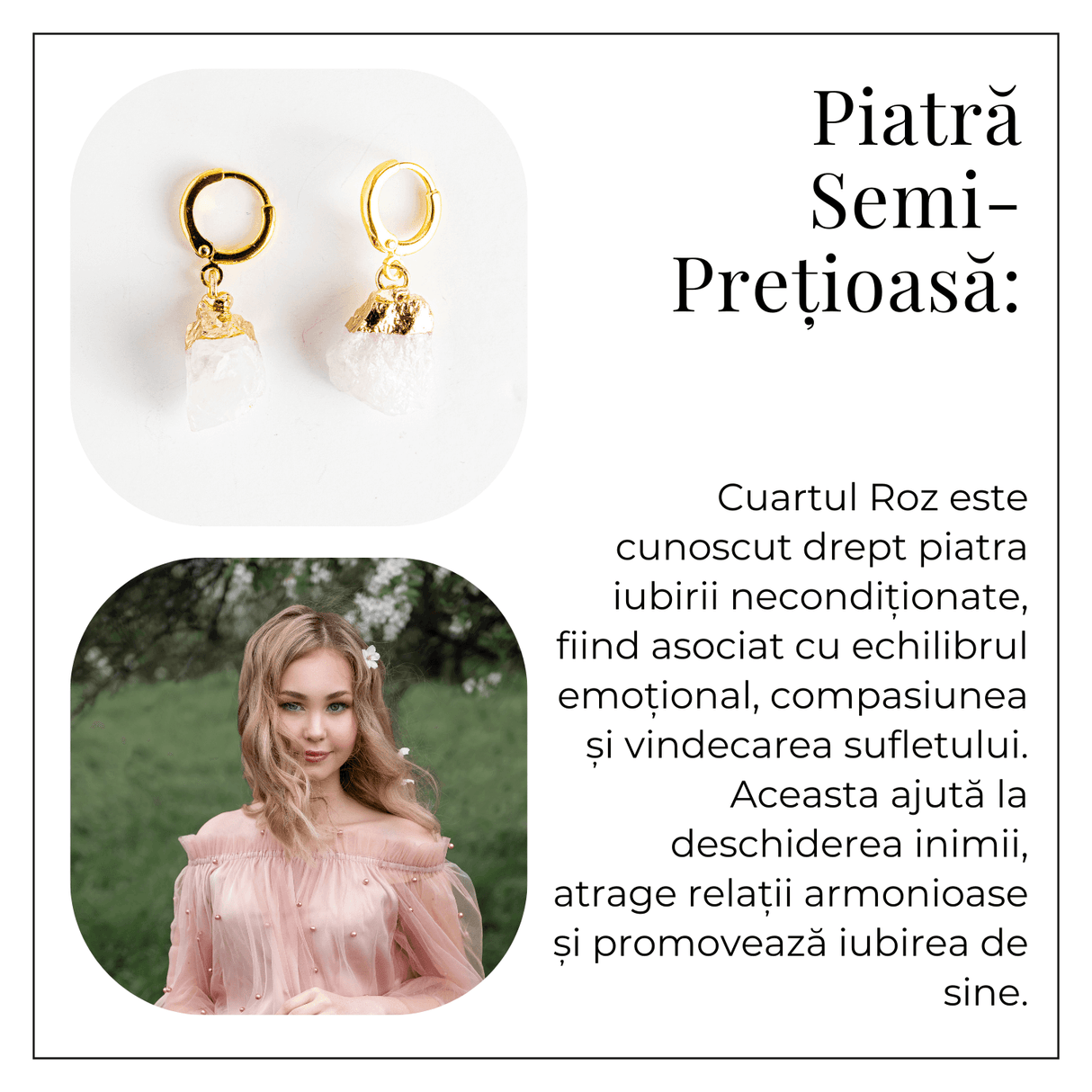 Cercei Aurii cu Cuart Roz Brut Natural – Iubire si Echilibru