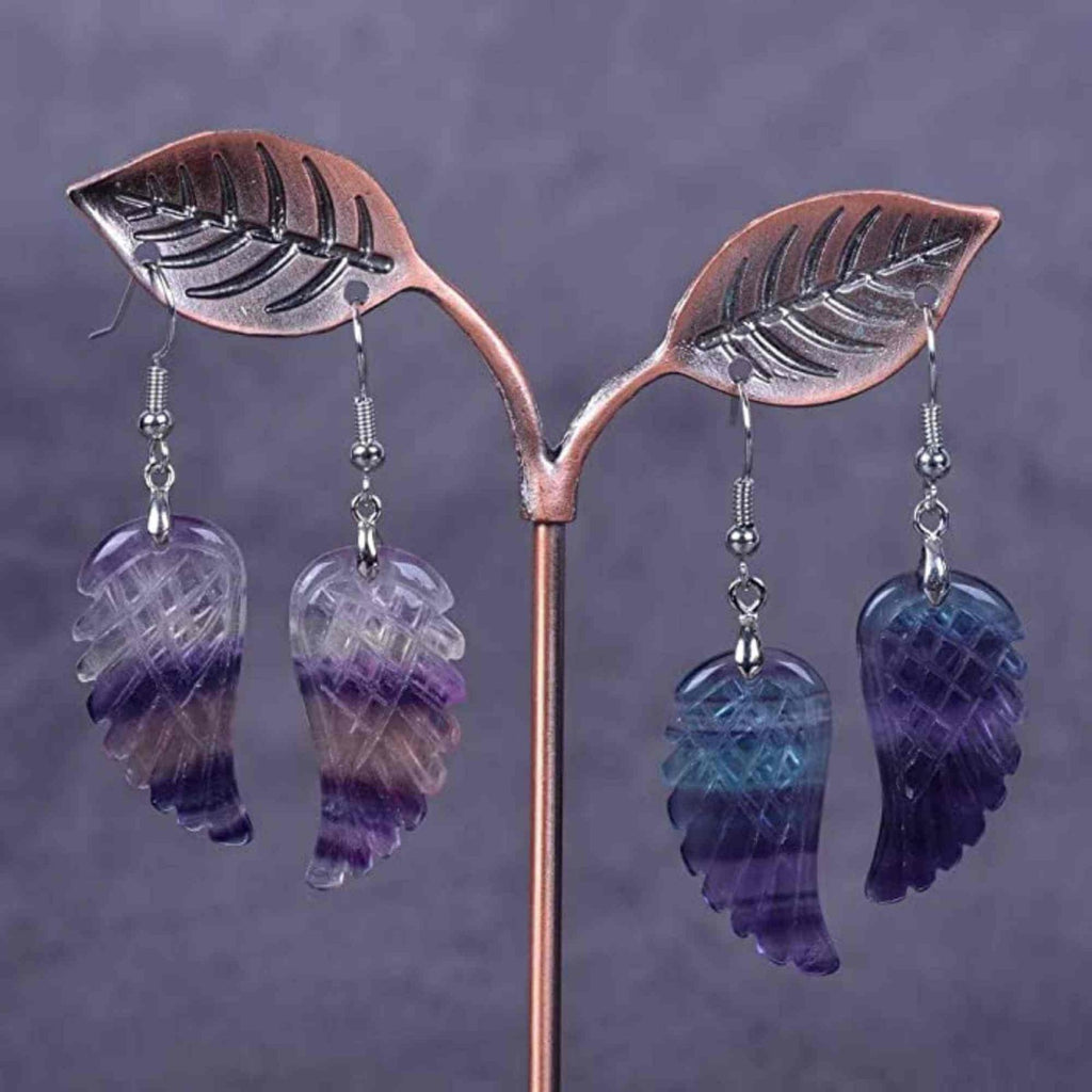 Cercei din cristal Flourit 4 cm, forma aripi de inger si saculet satin inclus - Pentru protectie