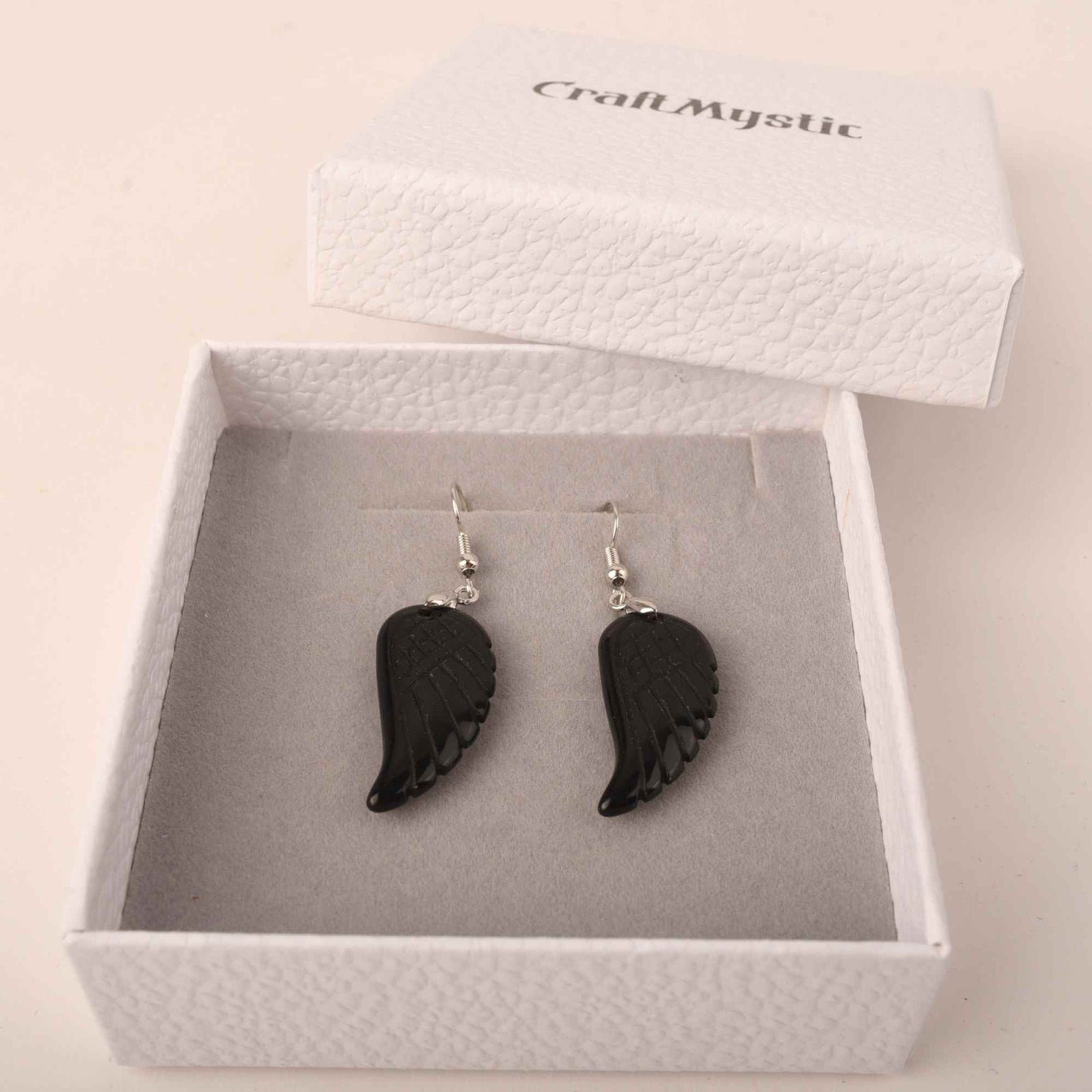 Cercei aripi de inger din piatra semipretioasa Obsidian 3 cm