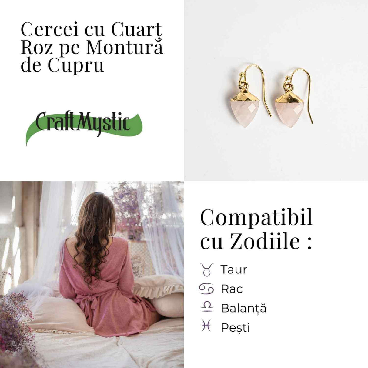 Cercei din Cuart Roz Natural Fatetat - Iubire Si Armonie