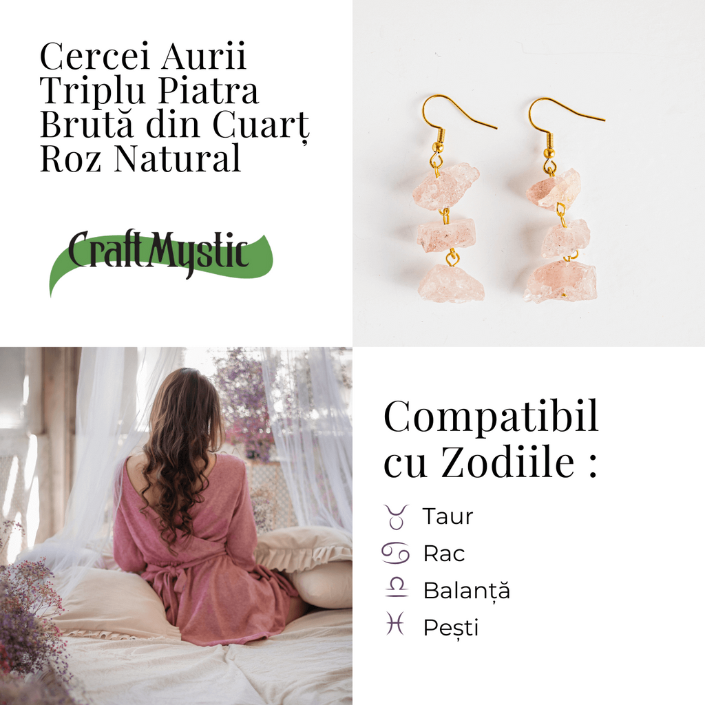 Cercei Cuart Roz Natural Brut Triplu piatra – Iubire, Armonie si Echilibru