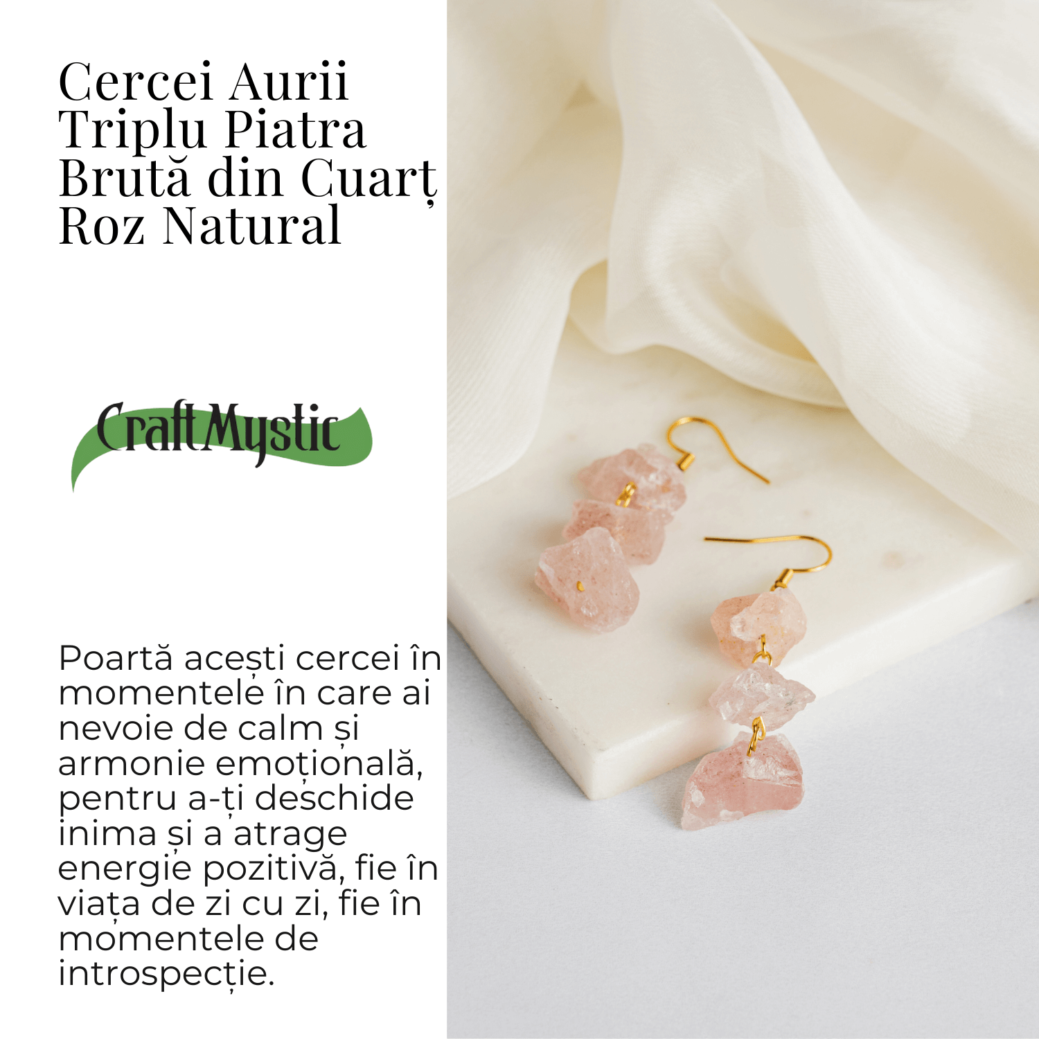 Cercei Cuart Roz Natural Brut Triplu piatra – Iubire, Armonie si Echilibru