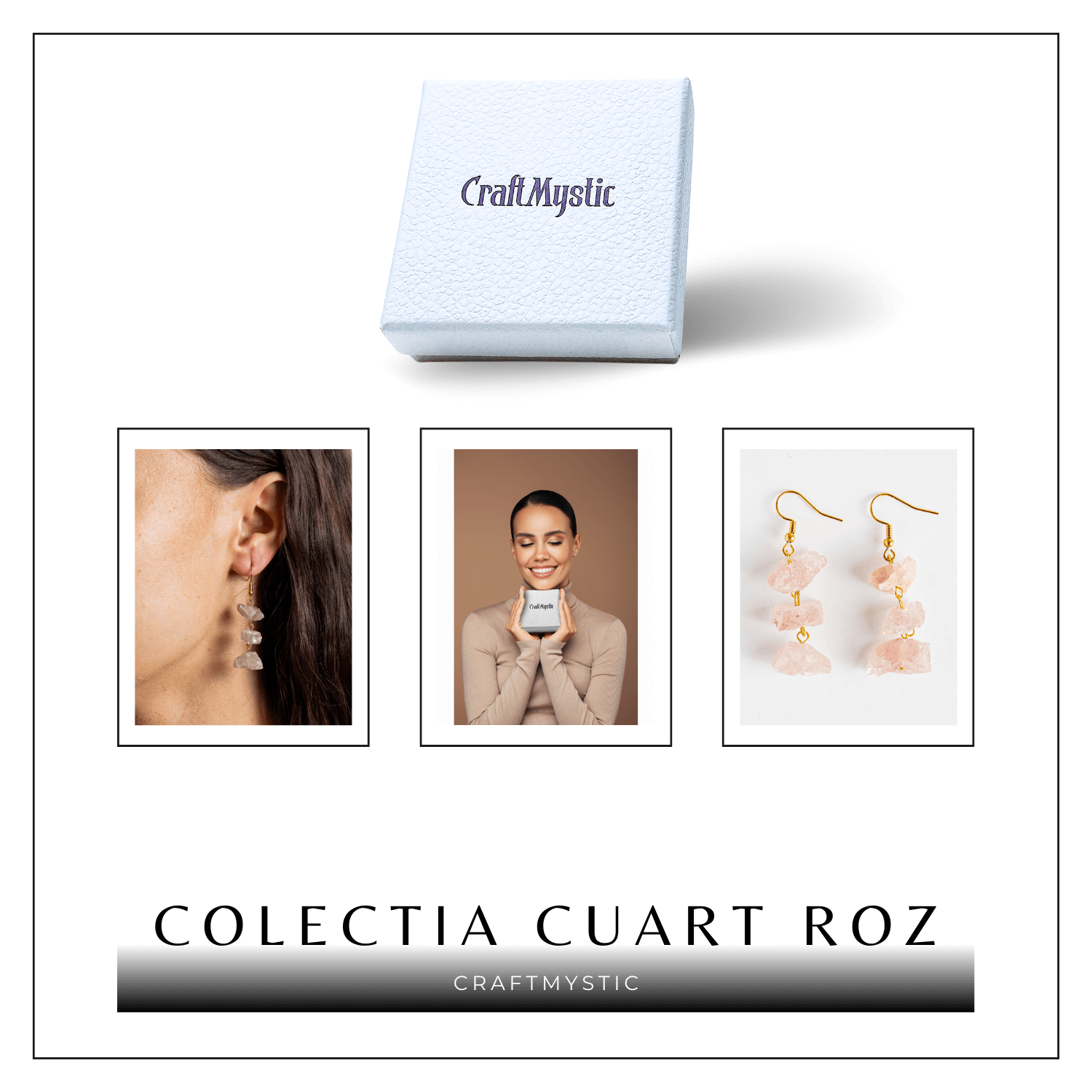 Cercei Cuart Roz Natural Brut Triplu piatra – Iubire, Armonie si Echilibru