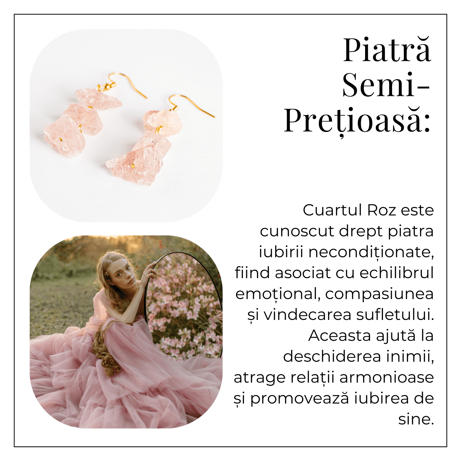 Cercei Cuart Roz Natural Brut Triplu piatra – Iubire, Armonie si Echilibru