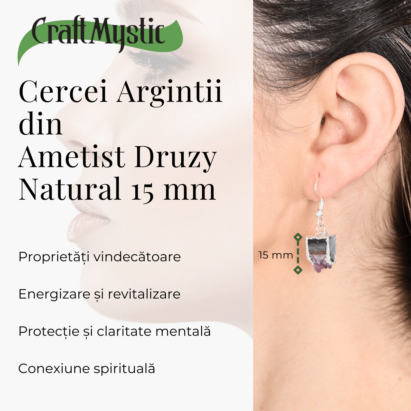 Cercei Argintii din Ametist Druzy Natural 15 mm