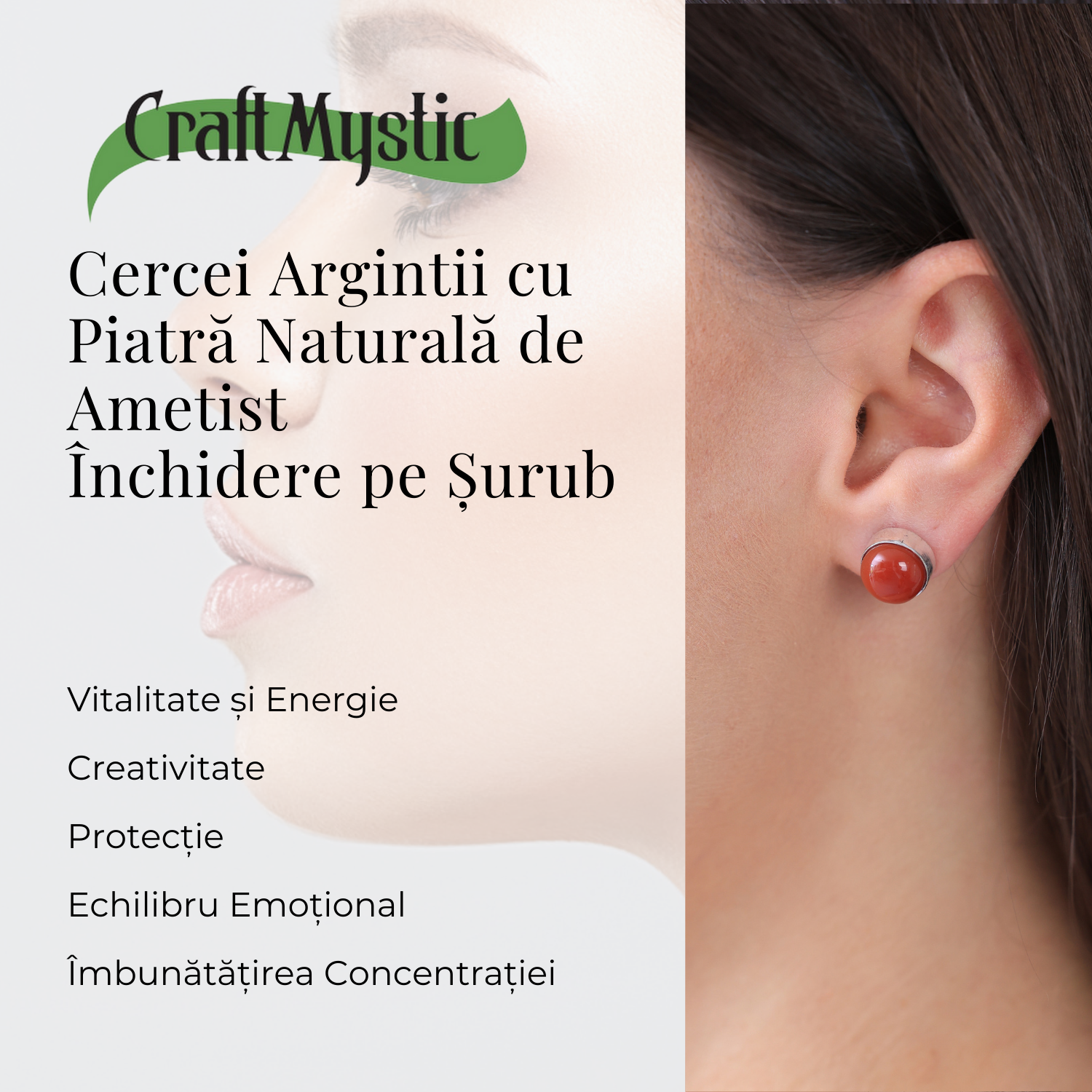 Cercei Eleganti cu Carneol Natural, inchidere pe surub, pentru energie si curaj