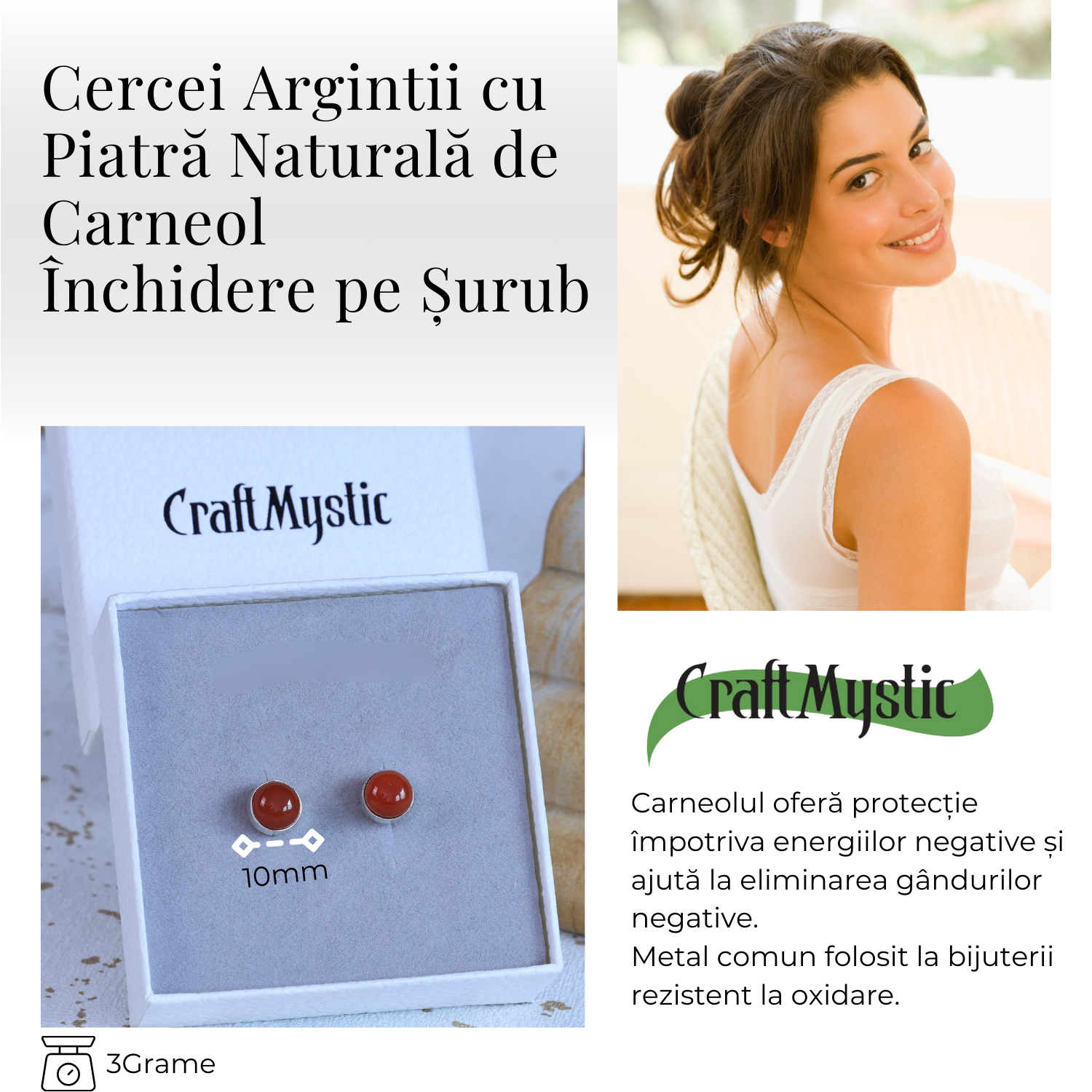 Cercei Eleganti cu Carneol Natural, inchidere pe surub, pentru energie si curaj
