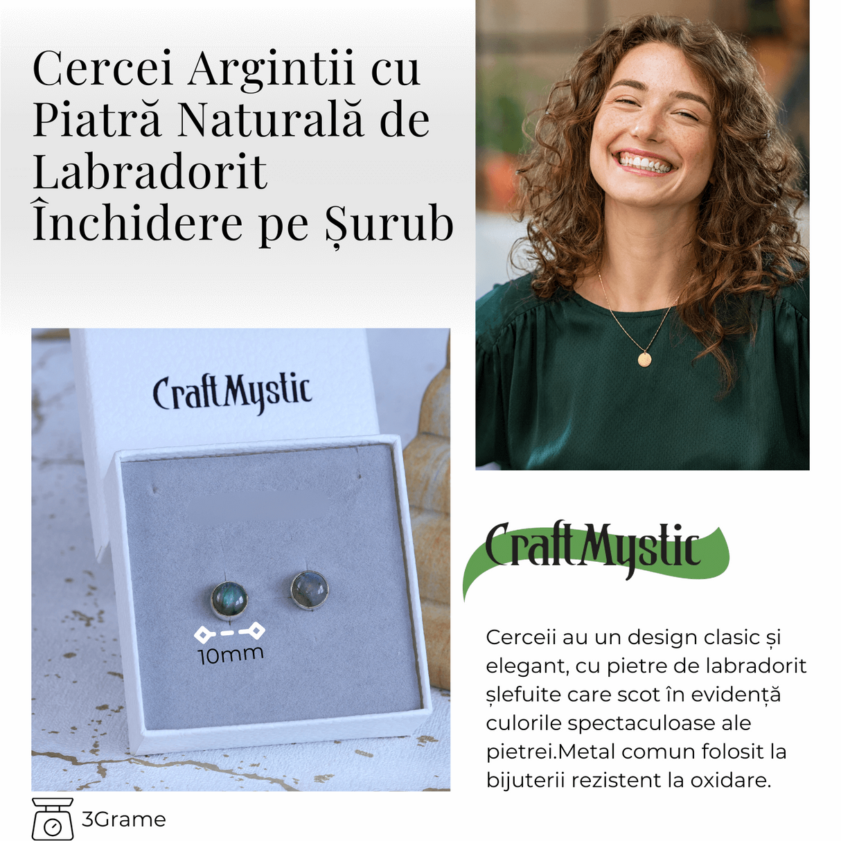 Cercei Eleganti cu piatra Labradorit Natural, inchidere pe surub, pentru echilibru si protectie