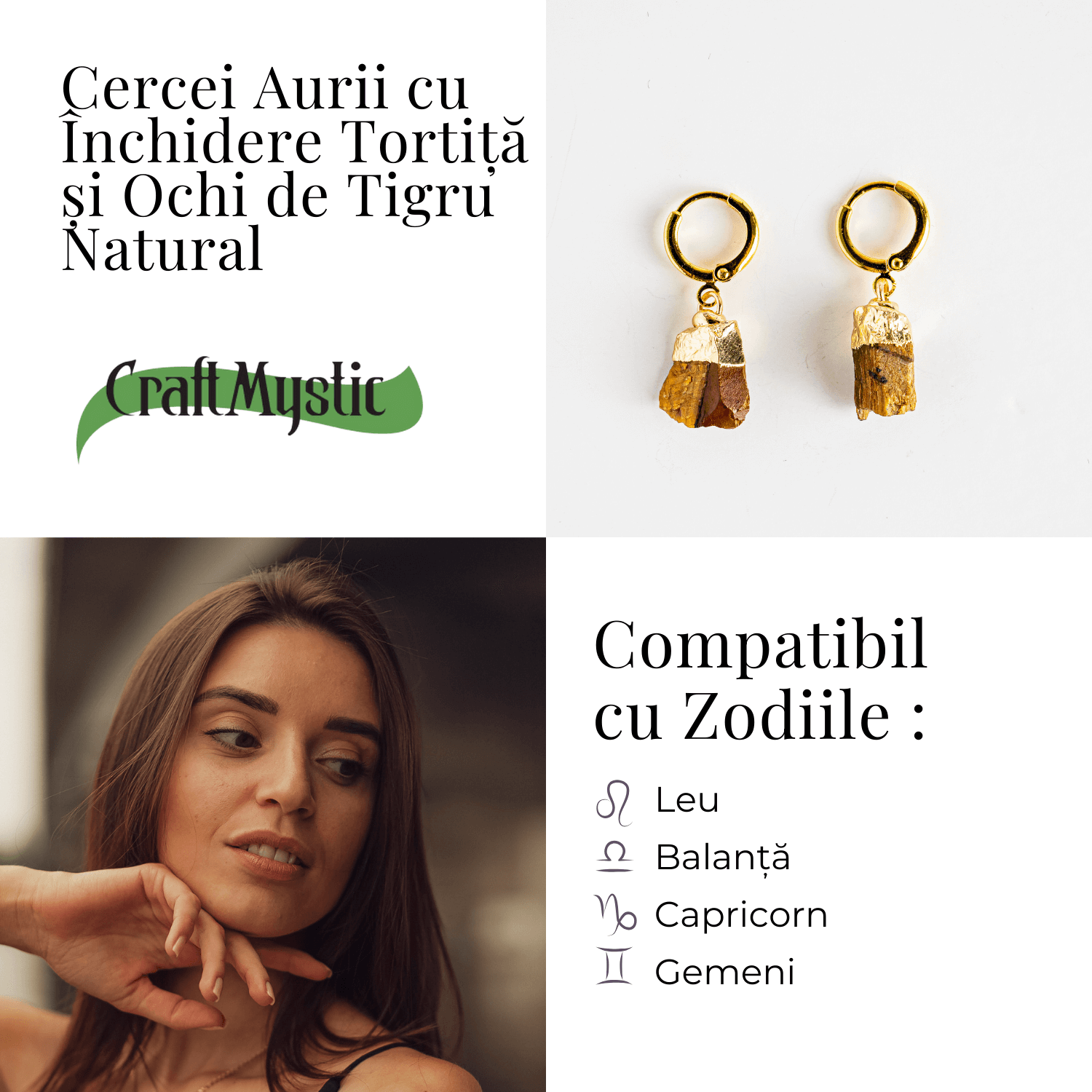 Cercei Aurii cu Ochi de Tigru Brut Natural – Putere si Protectie