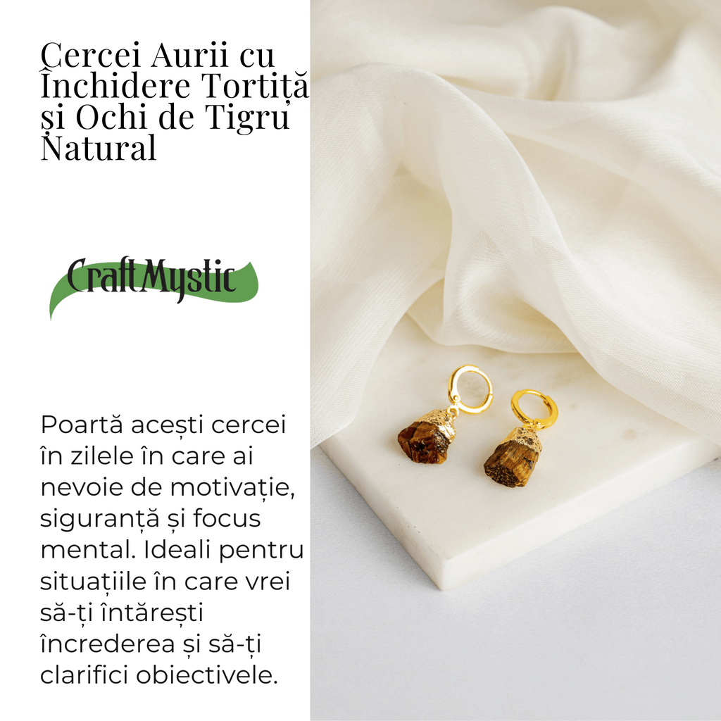 Cercei Aurii cu Ochi de Tigru Brut Natural – Putere si Protectie