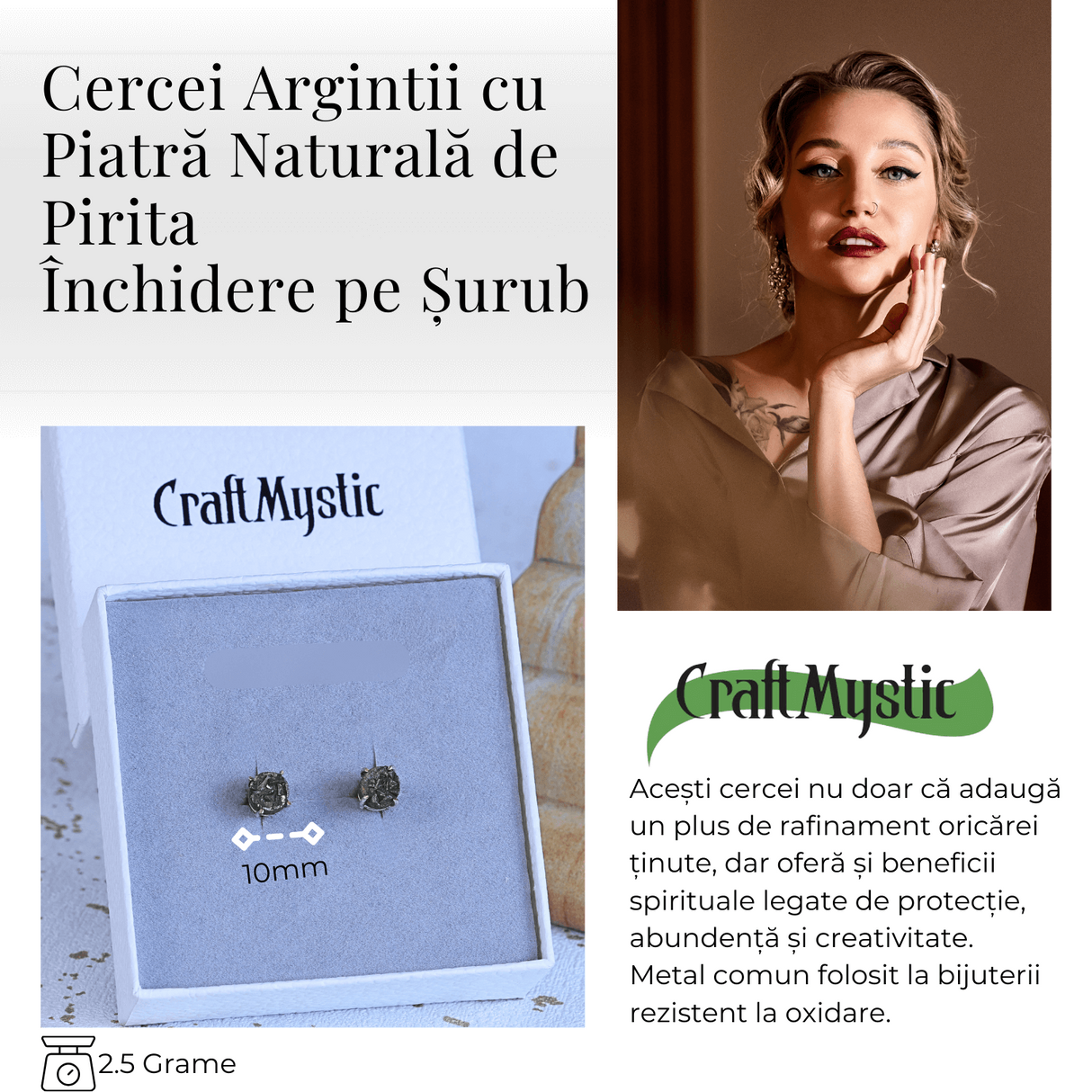 Cercei Eleganti cu Pirita Naturala, inchidere pe surub, pentru protectie si noroc