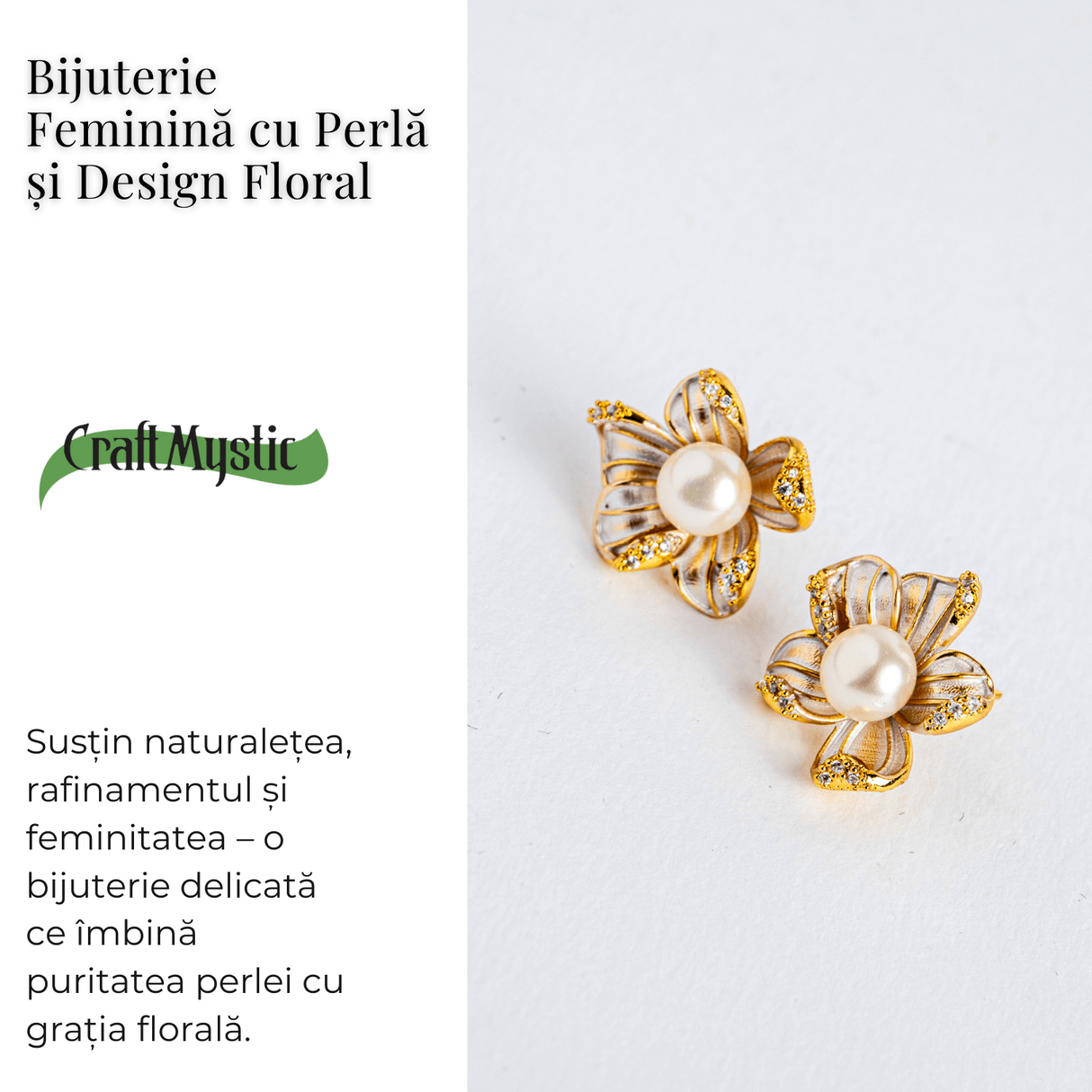 Floare de lumina – Cercei cu perla naturala si design floral