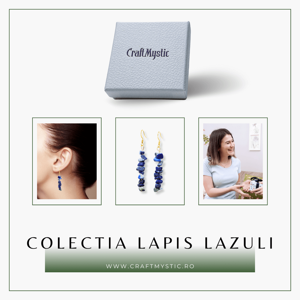 Cercei Lungi cu Pietre Semipretioase de Lapis Lazuli si Elemente din Alama, Bijuterii Aurii pentru Femei