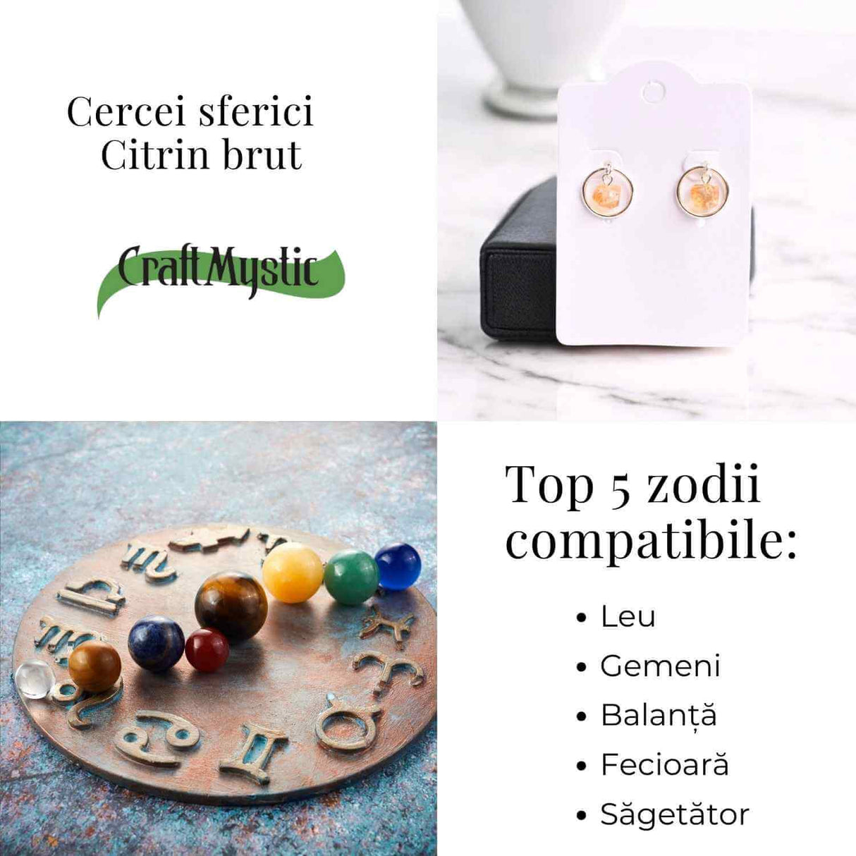 Cercei Sferici cu Citrin Brut – Atrage Energie Pozitiva si Abundenta