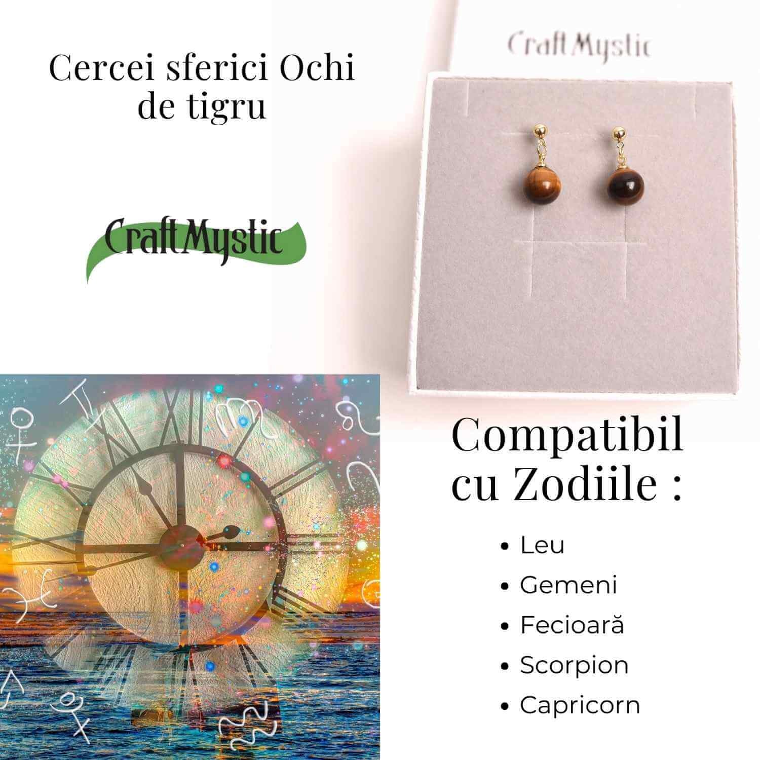 Cercei Ochi de Tigru Biluta 10 mm - Protectie si Eleganta Aurie