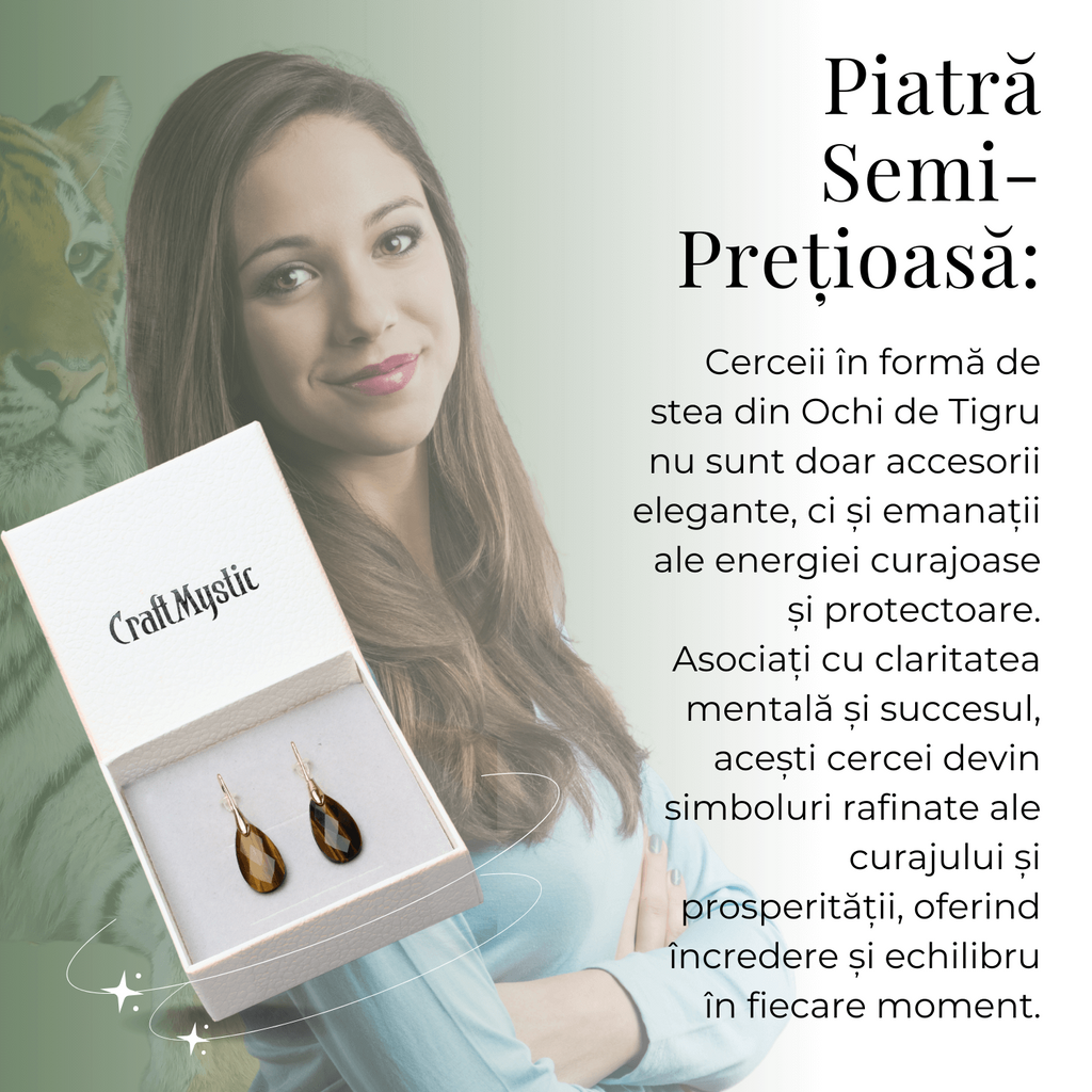 Cercei Eleganti cu Metal Auriu si Piatra Naturala din Ochi de Tigru Fatetat
