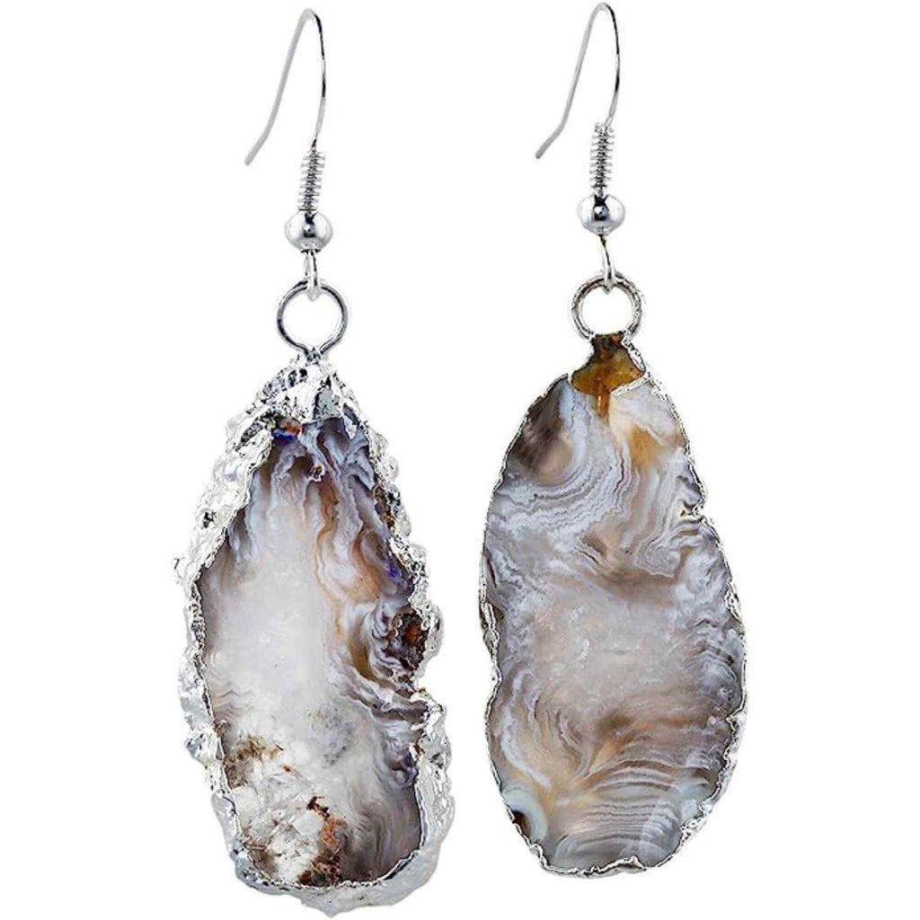 Cercei cu piatra semipretioasa naturala onyx deschis forma geoda cu metal placat argintiu
