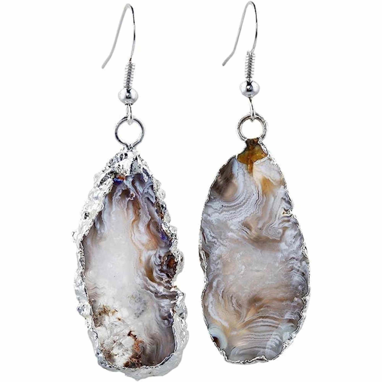 Cercei cu piatra semipretioasa naturala onyx deschis forma geoda cu metal placat argintiu