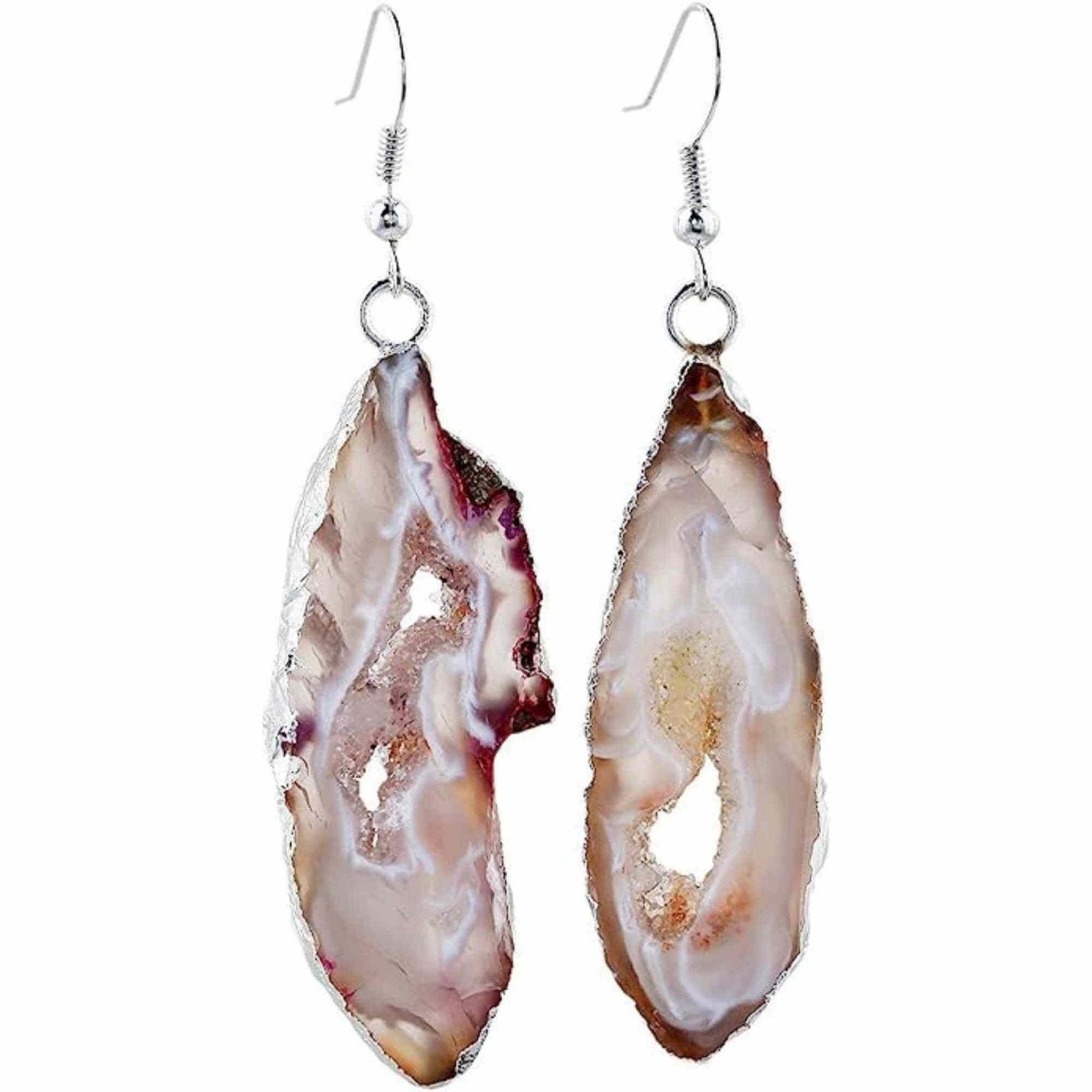 Cercei cu piatra semipretioasa naturala onyx deschis forma geoda cu metal placat argintiu