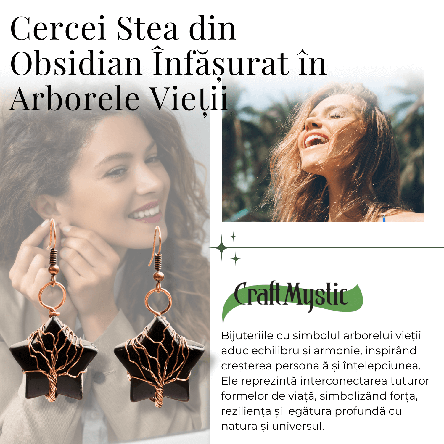 Cercei Aurii cu Piatra de Obsidian in Forma de Stea
